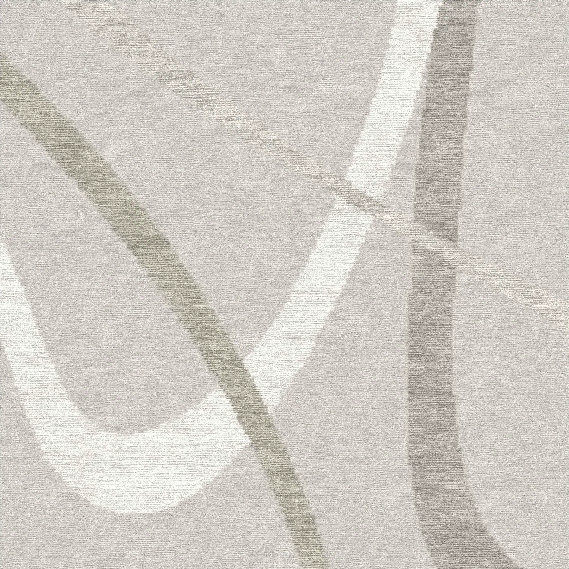 Textured light beige rug with abstract curvilinear lines in off-white and muted gray-beige.