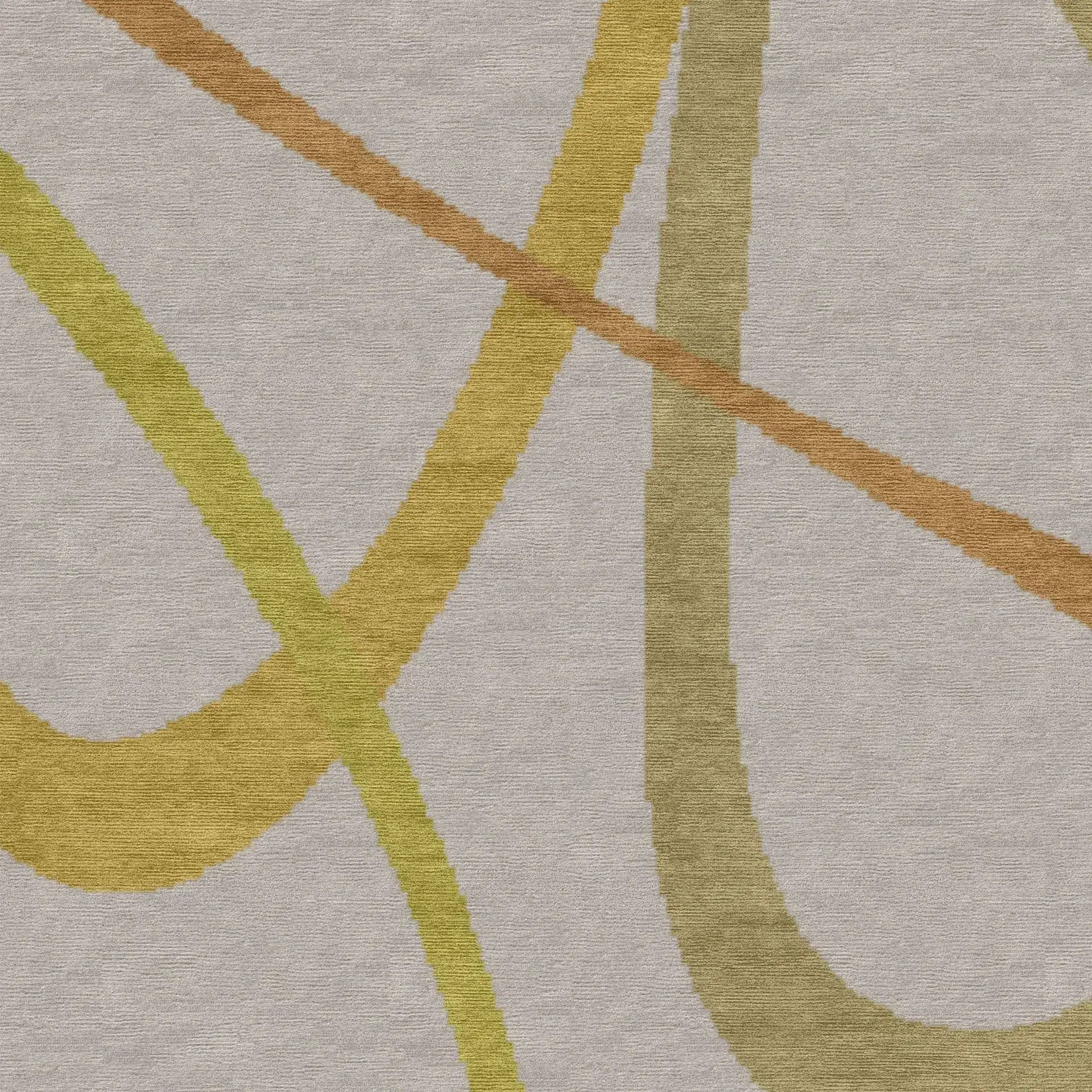 Textured rug with abstract, overlapping lines in shades of green, yellow, and orange-brown on a light gray background.