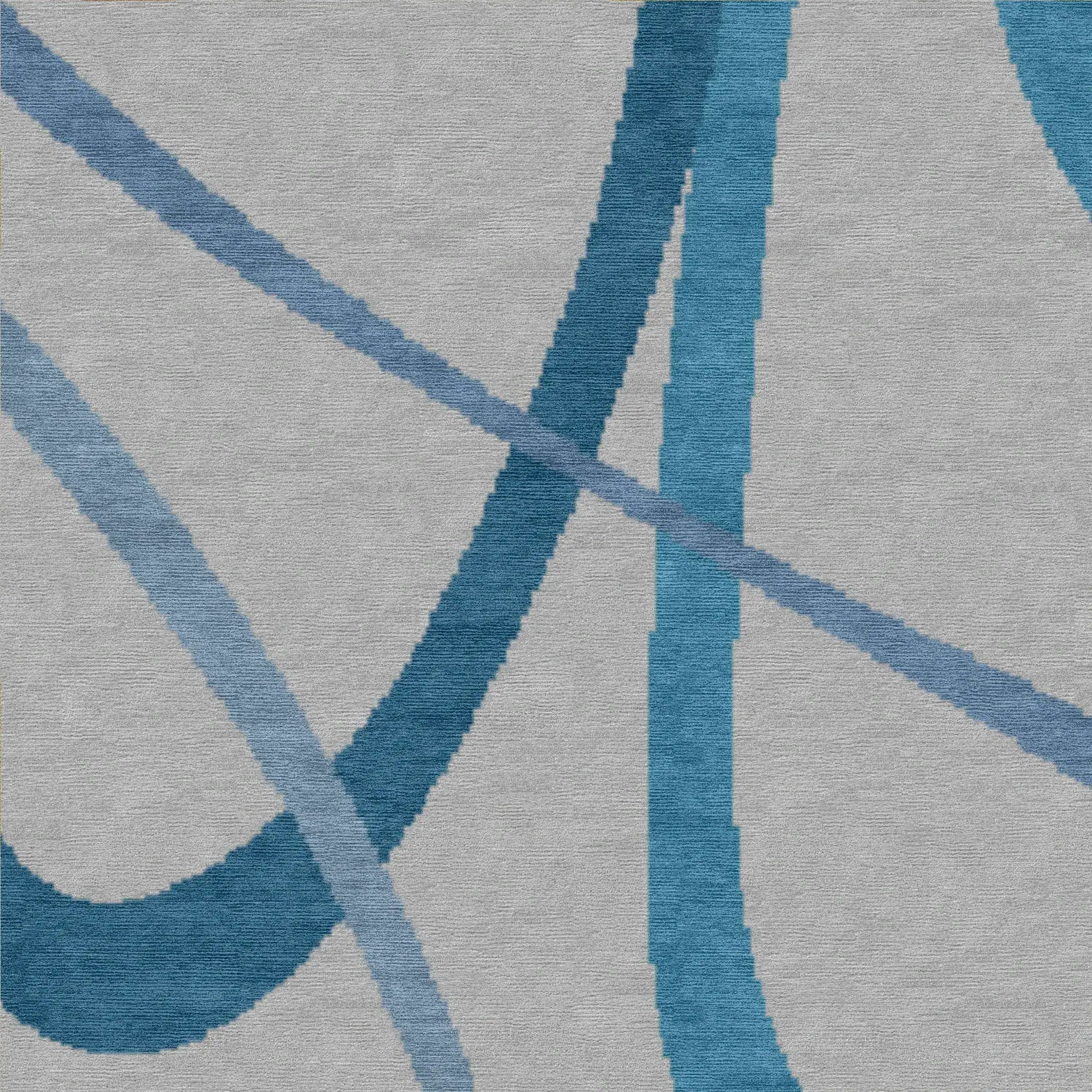 Abstract textured rug with intersecting blue lines on a light gray background.
