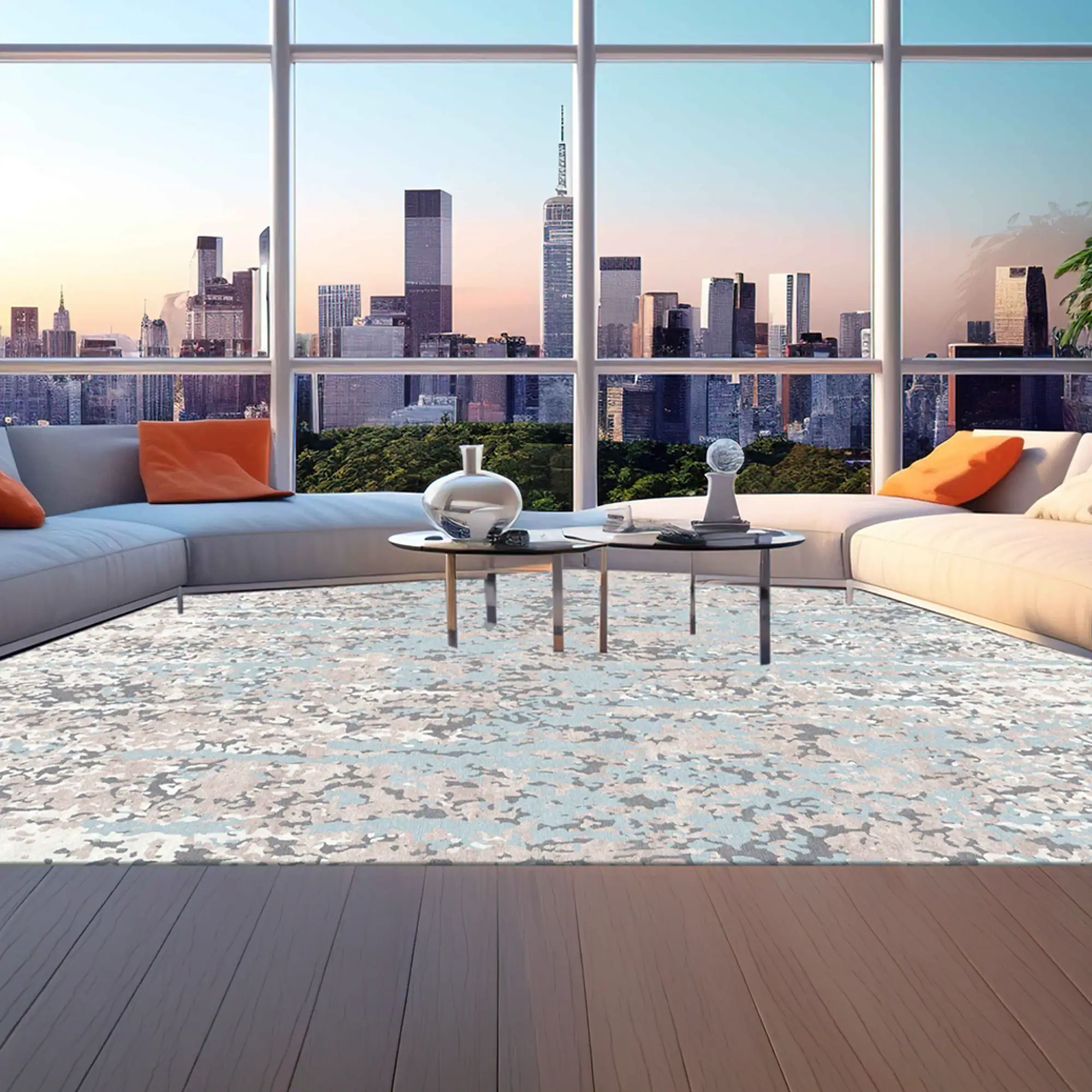 Modern living room with large window view and abstract area rug.