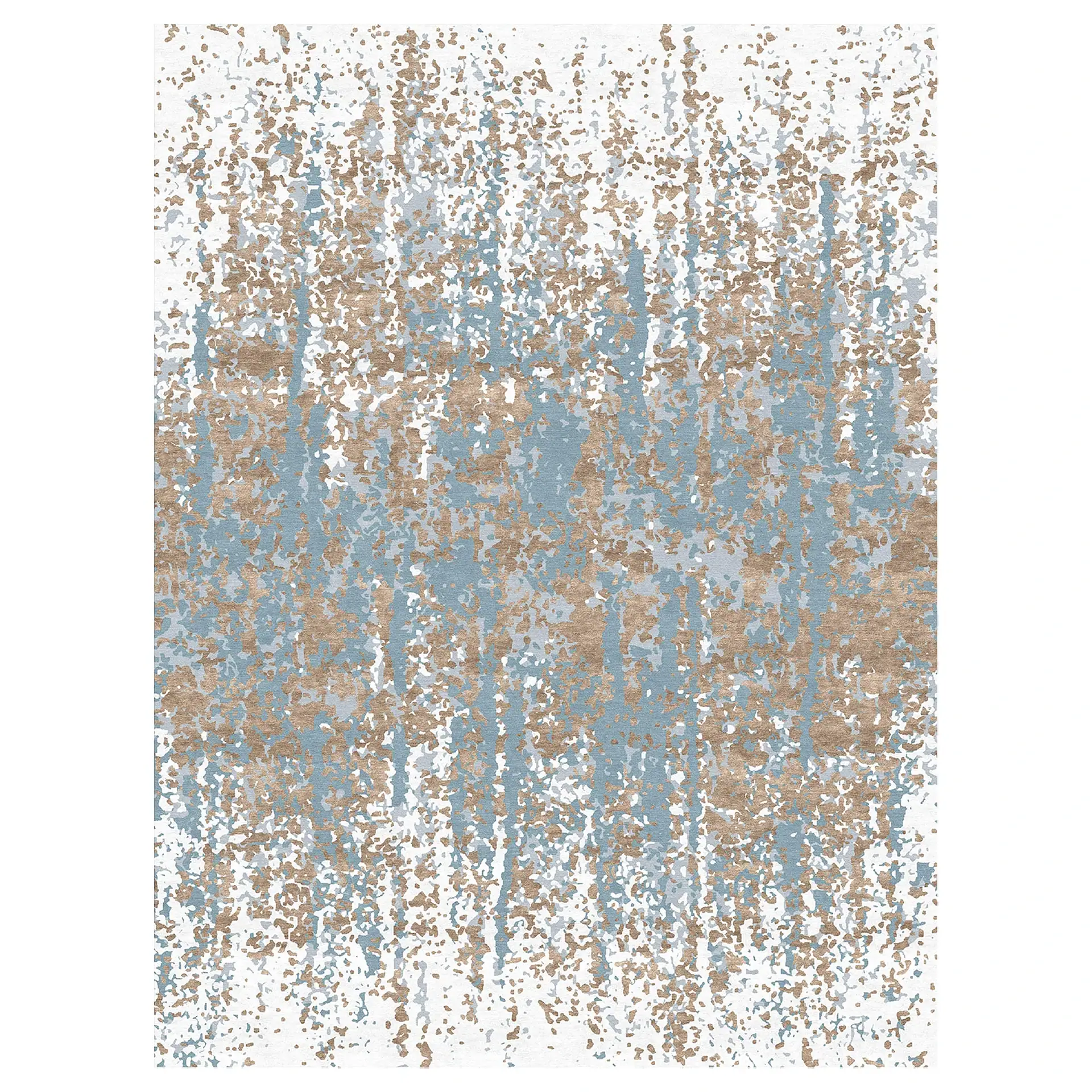 Abstract area rug with blue, beige, and white colors in a modern design.