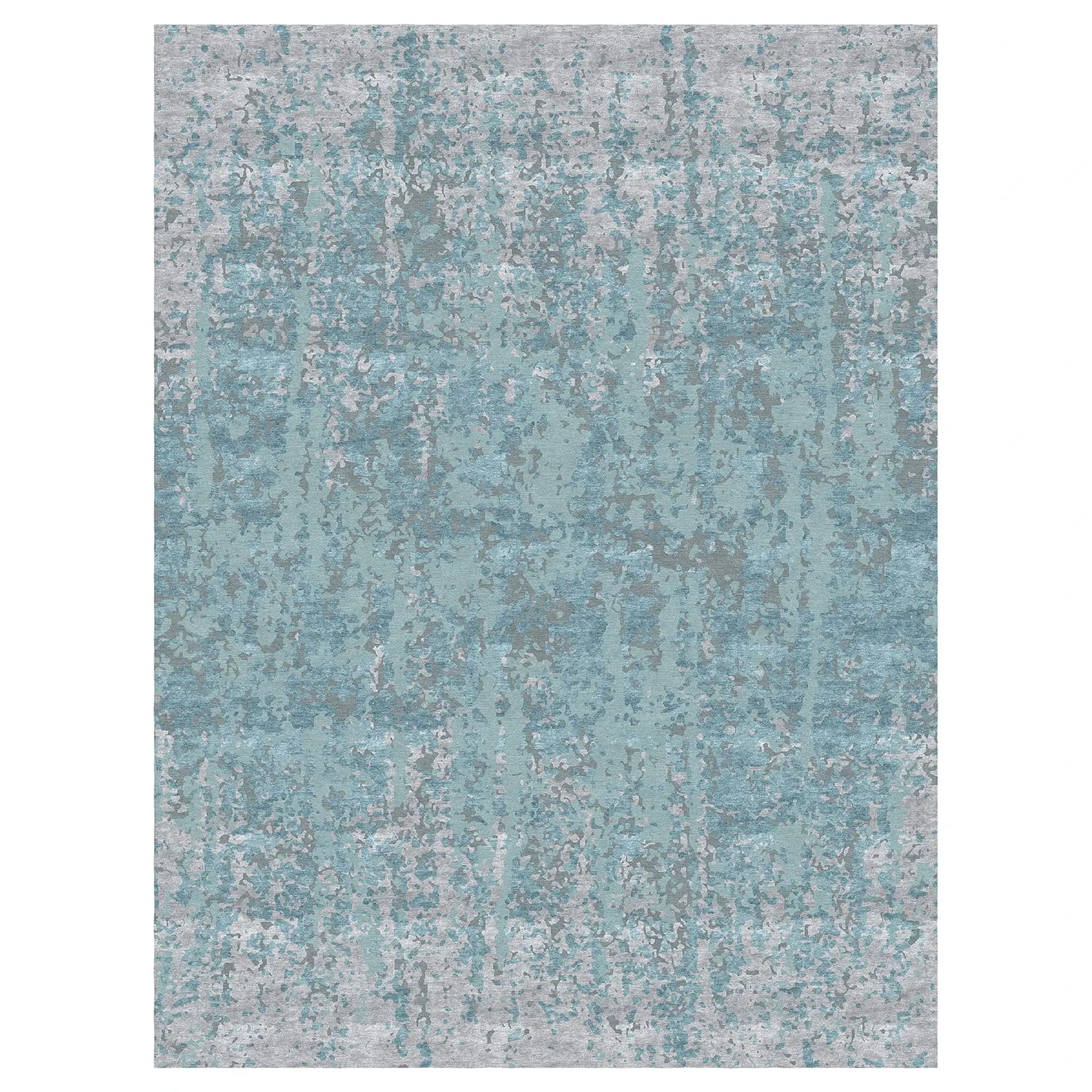 Abstract blue and gray area rug with distressed pattern.