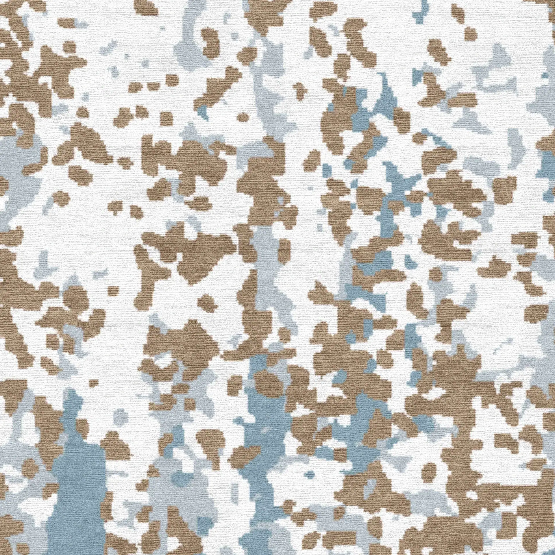 Abstract pattern area rug with brown, white, and blue colors.