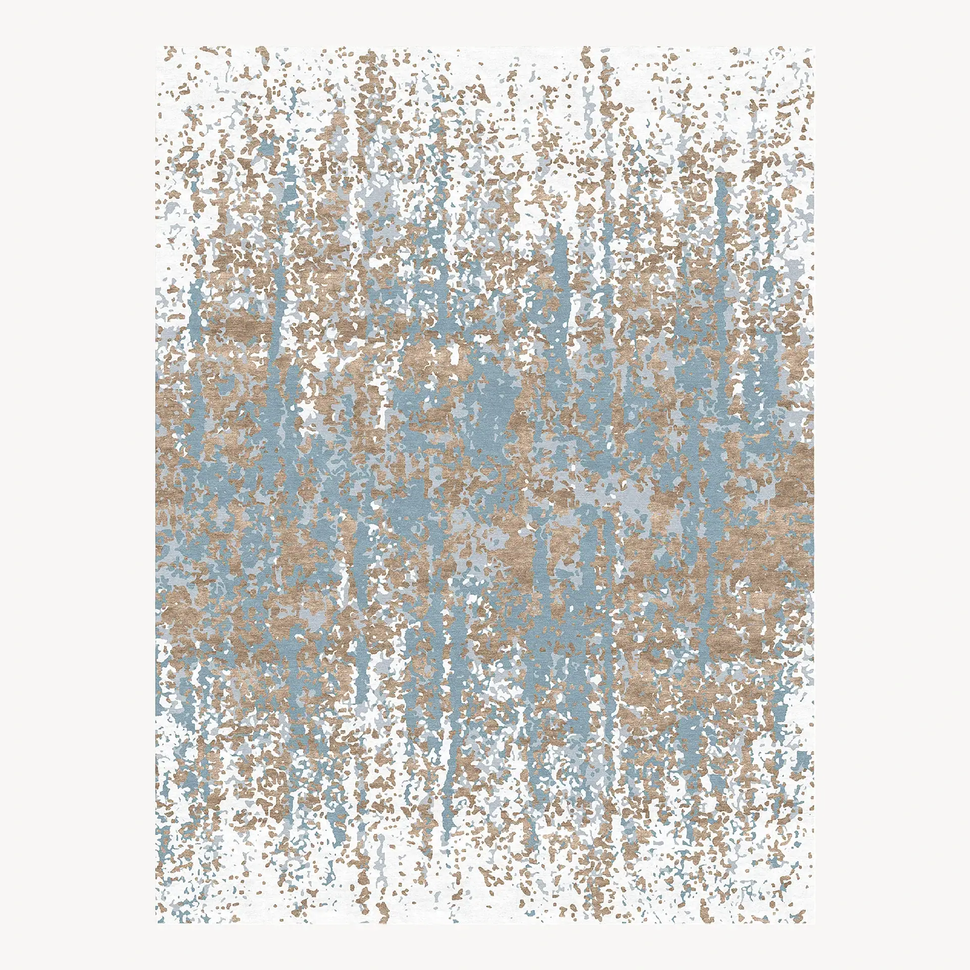 Abstract area rug with blue, beige, and white colors in a modern design.