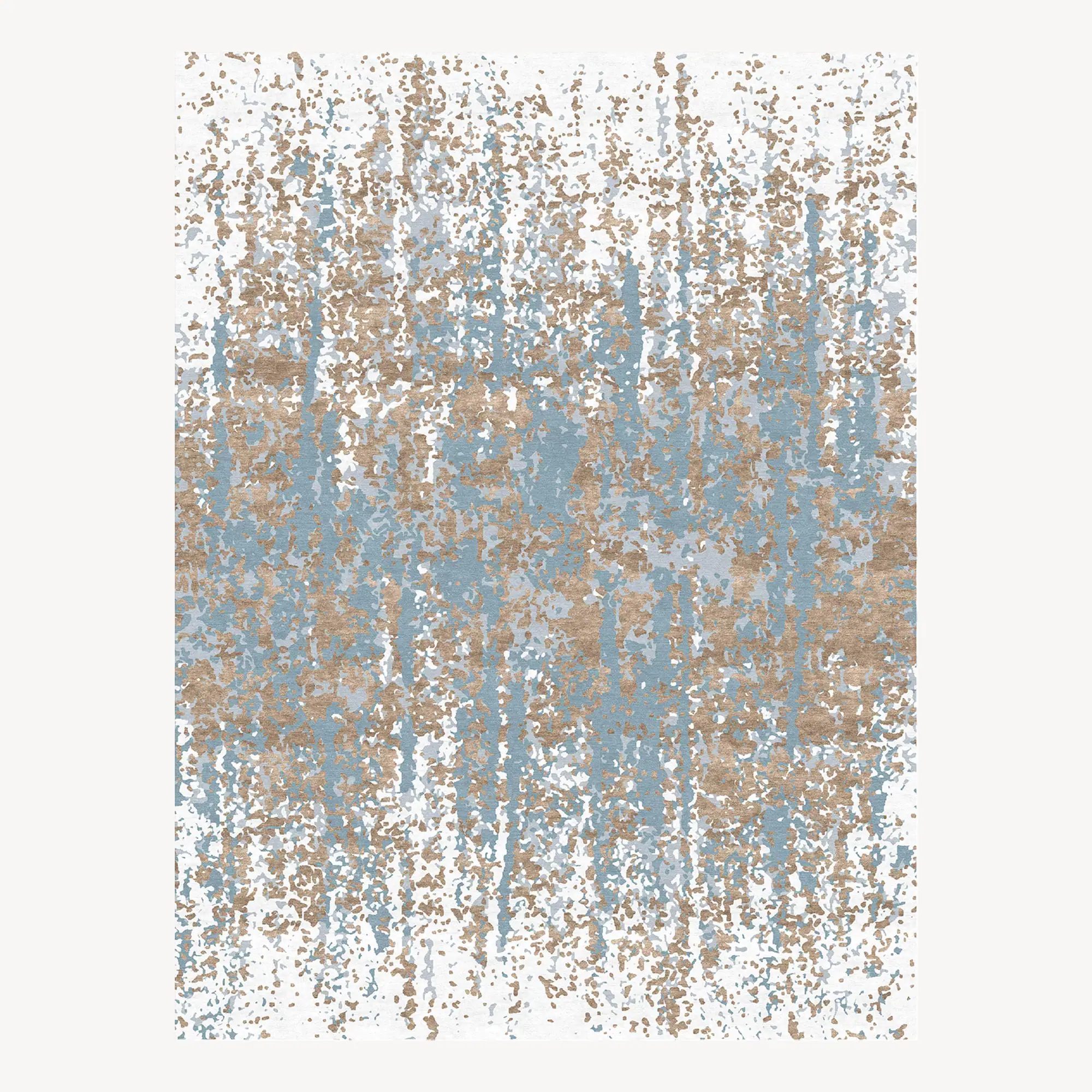 Abstract area rug with blue, beige, and white colors in a modern design.