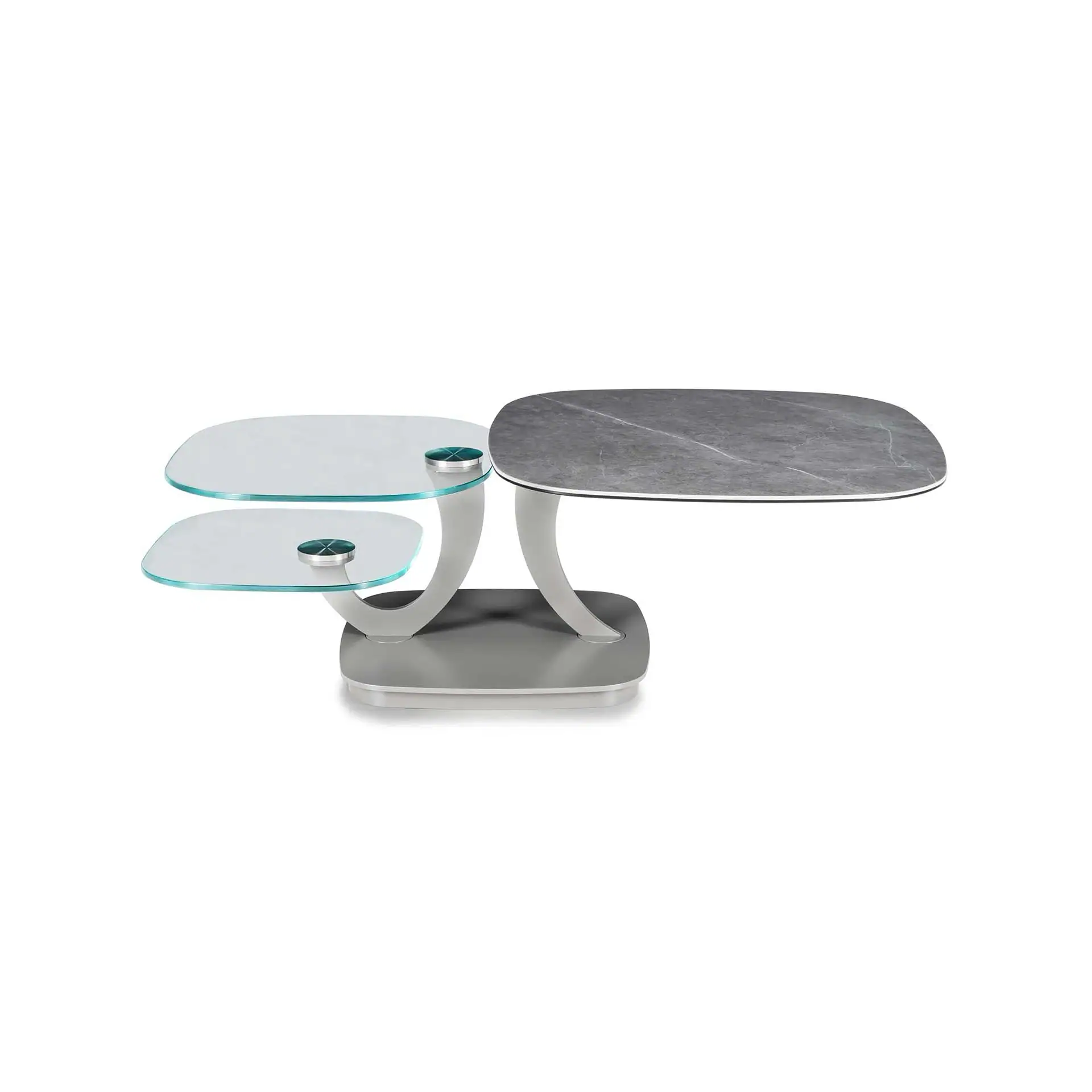 Modern multi-tiered coffee table with clear glass shelves and a dark gray marble-look top on a white background.