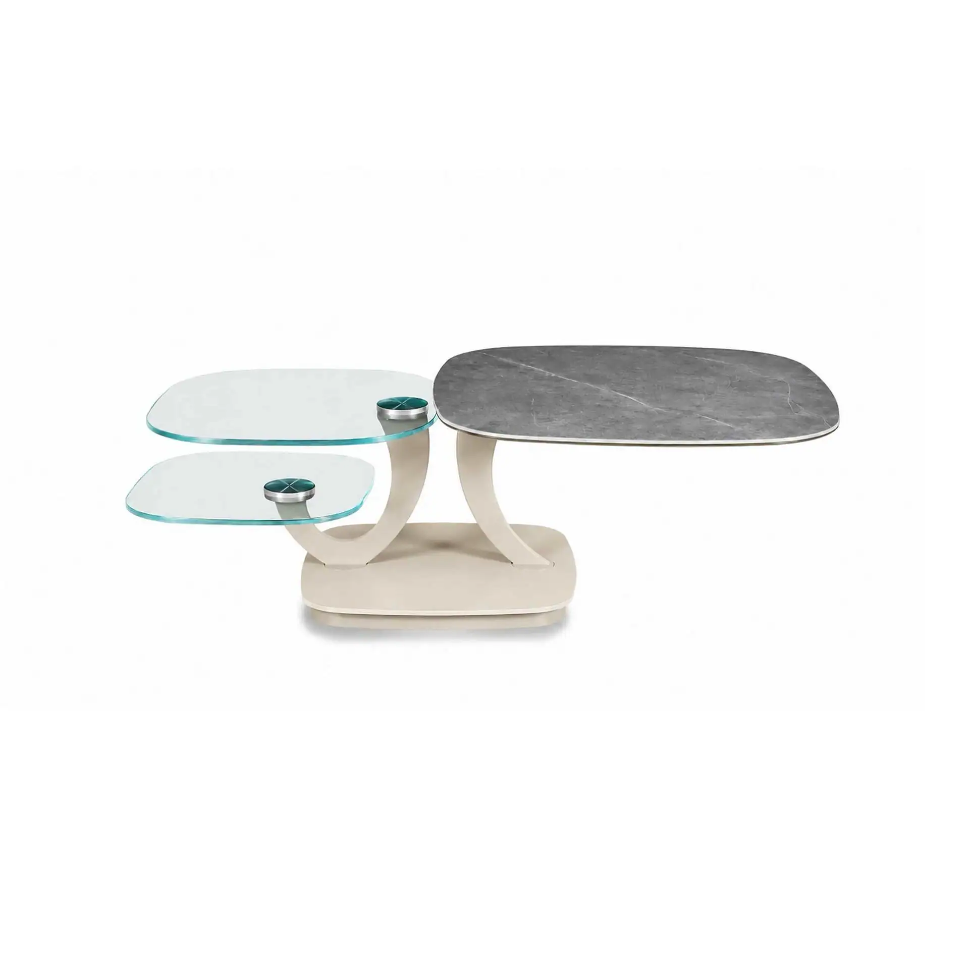 A modern coffee table with two clear glass tops and one gray marble-effect top, all with rounded corners, supported by curved cream-colored structures on a rectangular base.