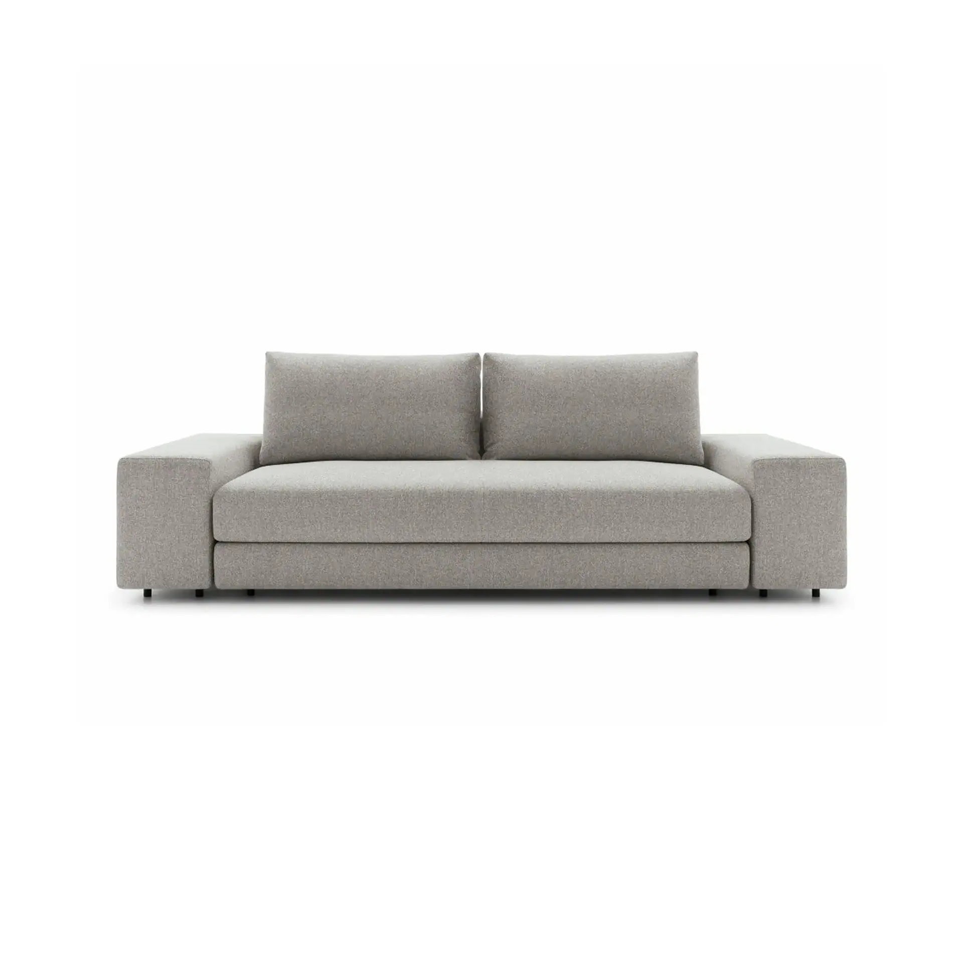 A light grey modern sofa with two seat cushions, two back cushions, and wide, boxy armrests, set against a white background.