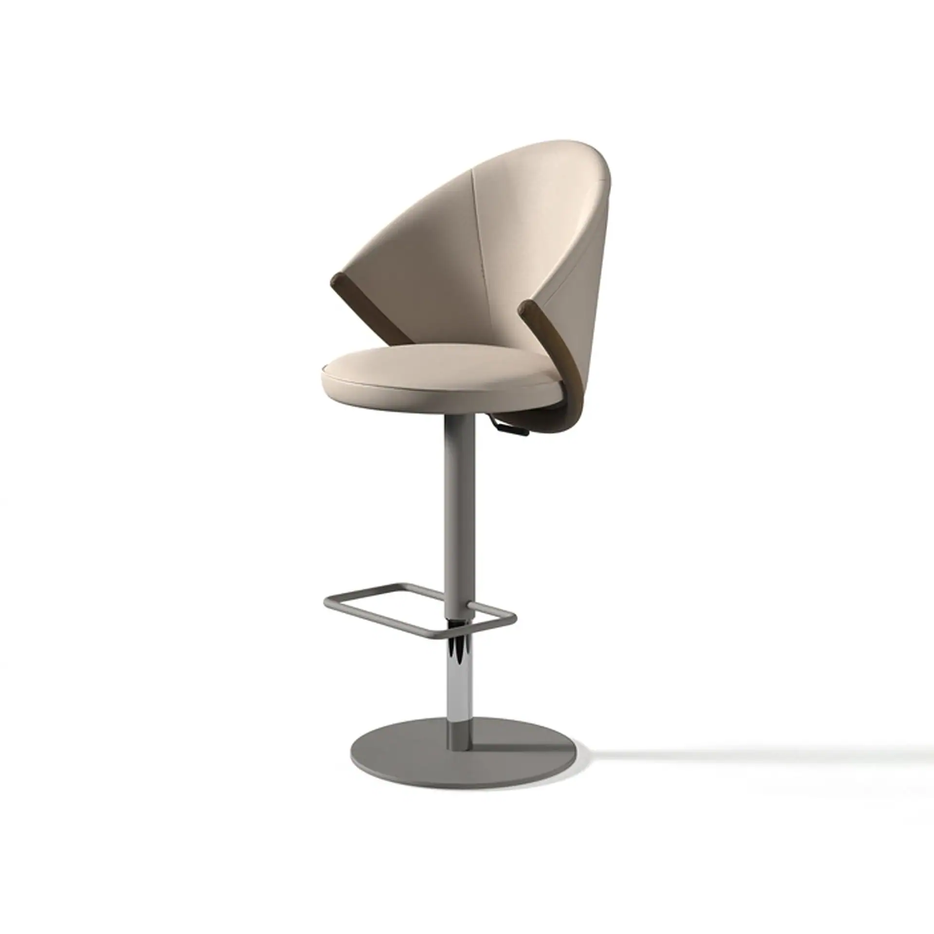 Sklar Furnishings Bow adjustable bar stool with beige upholstery and metal base.