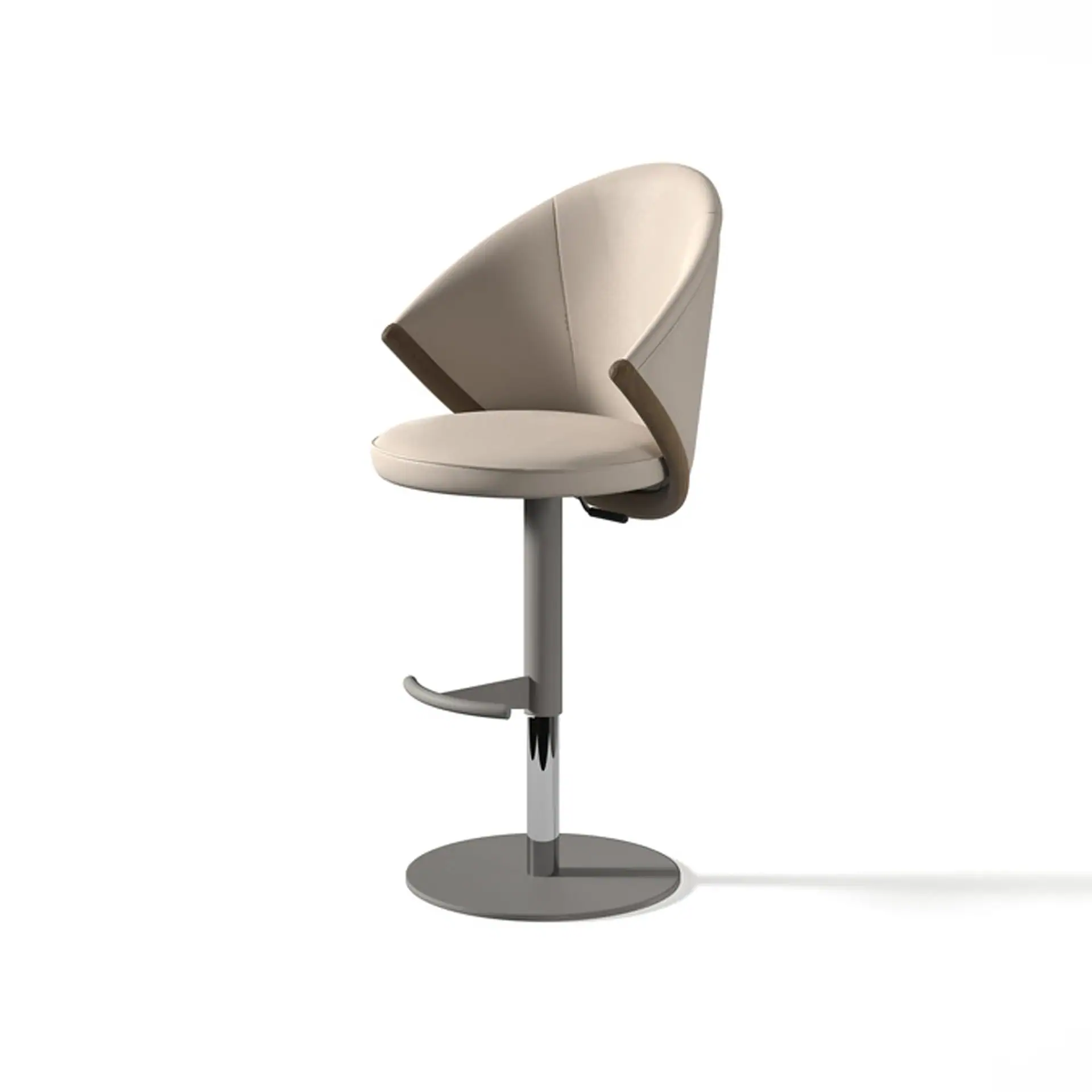 Sklar Furnishings Bow adjustable bar stool with beige upholstery and brown accents.