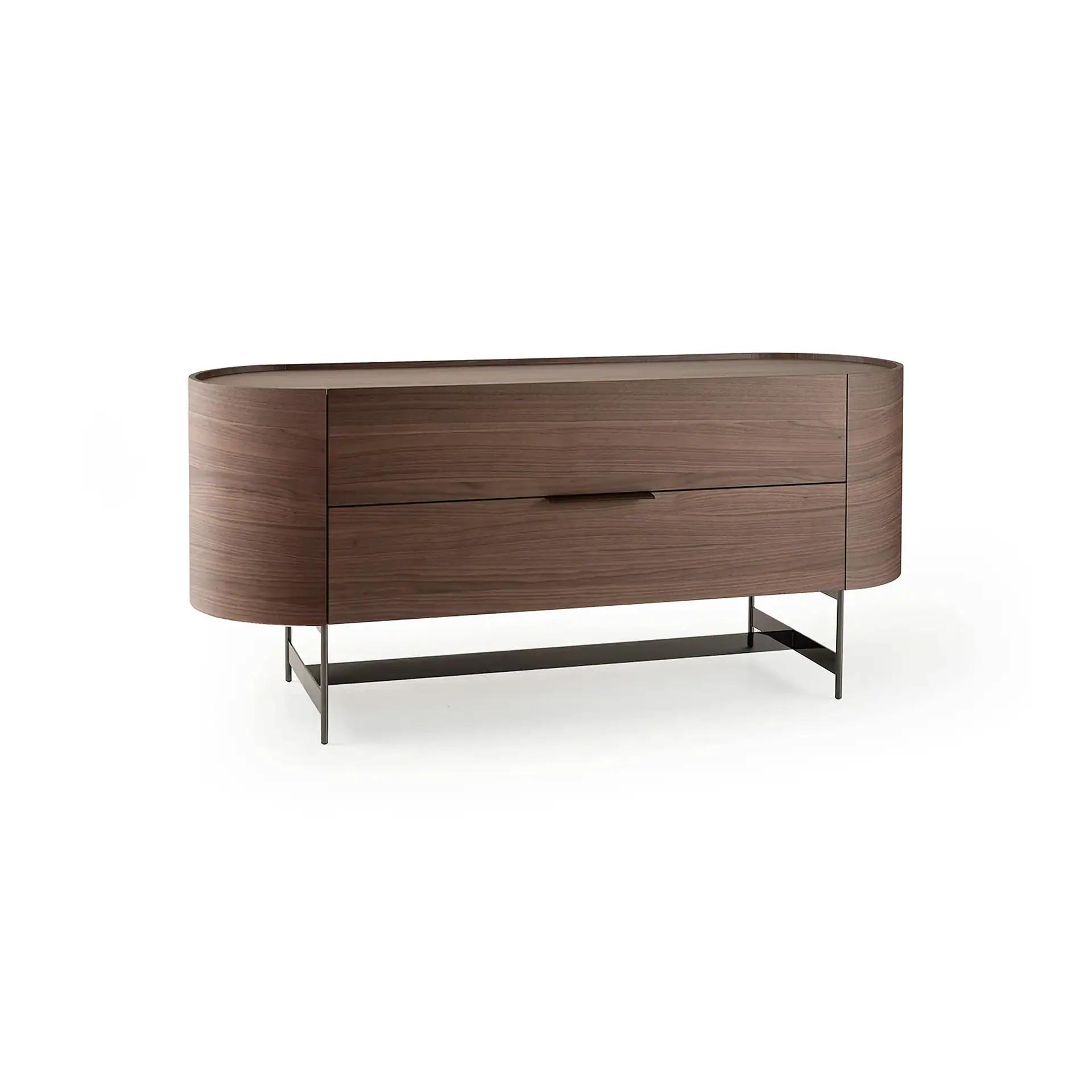 Oval dark wood dresser with two drawers and black metal legs on a white background.