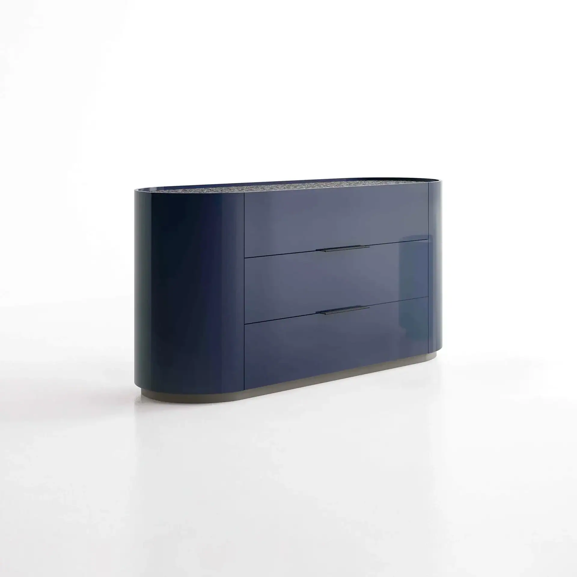 A glossy, dark blue dresser with three drawers and a speckled dark gray top, set against a white background.