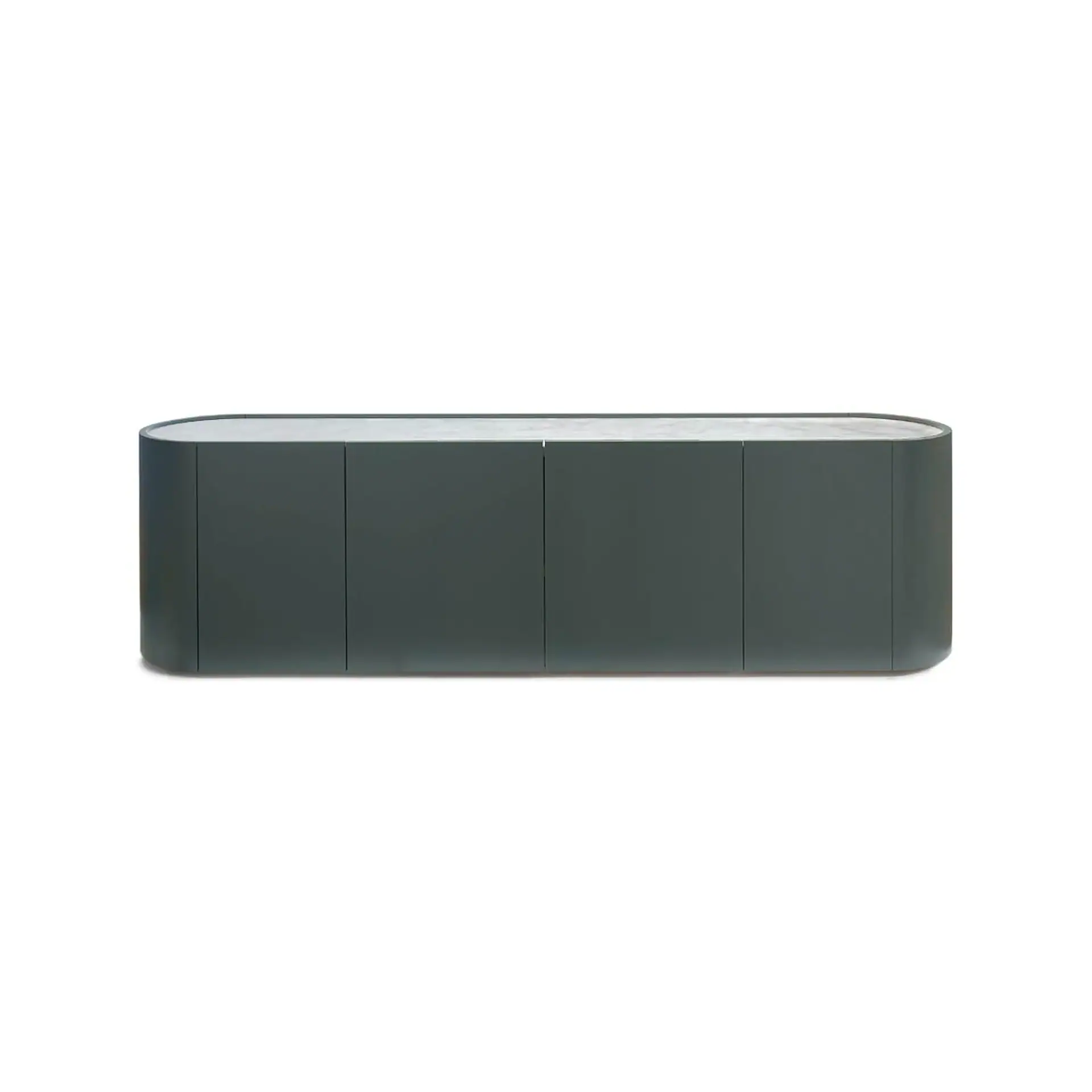 Dark gray sideboard with rounded ends and a light marble top, featuring four cabinet doors.