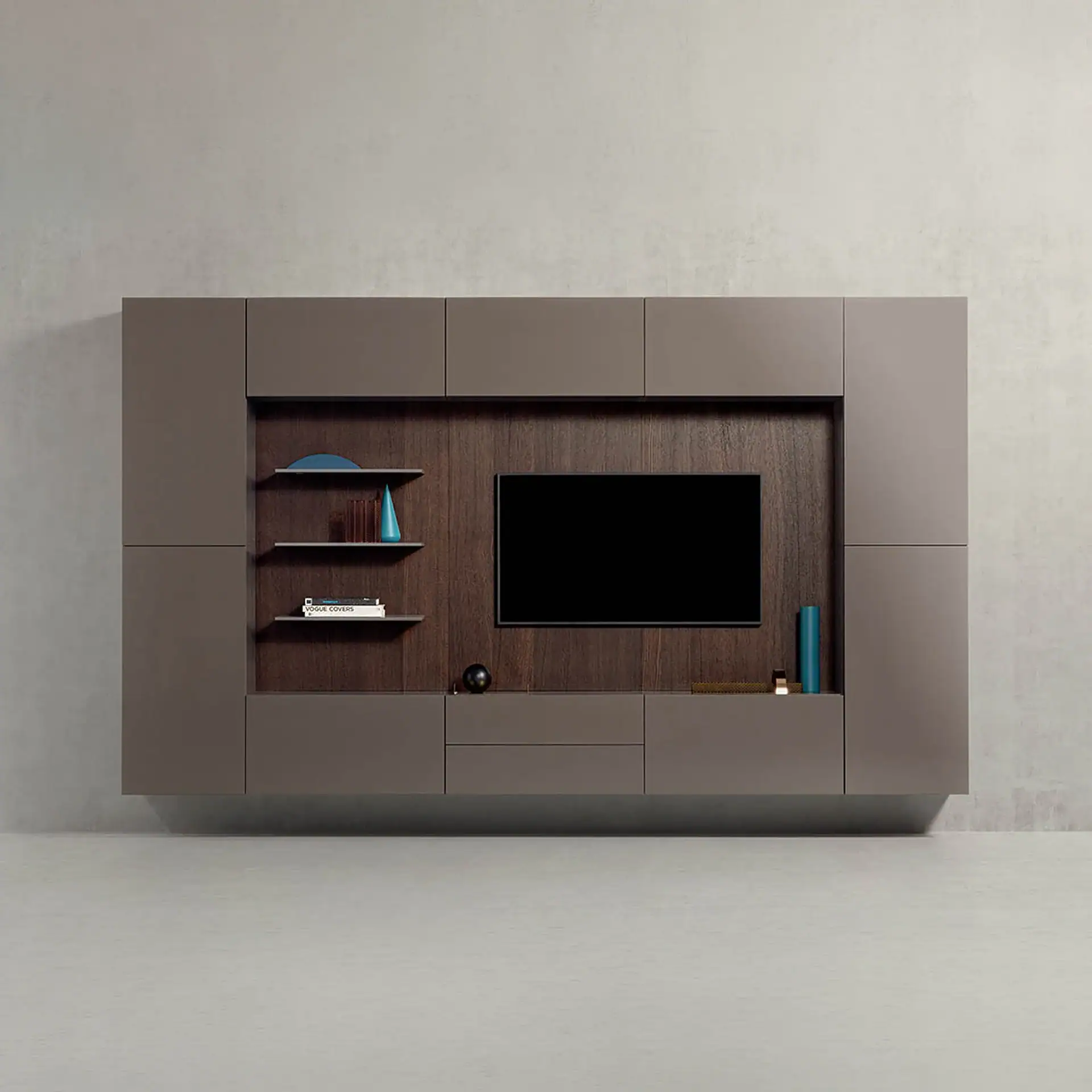 A modern, wall-mounted media console in taupe and dark wood, featuring a black TV screen, decorative shelves with blue and brown accents, against a light gray wall.