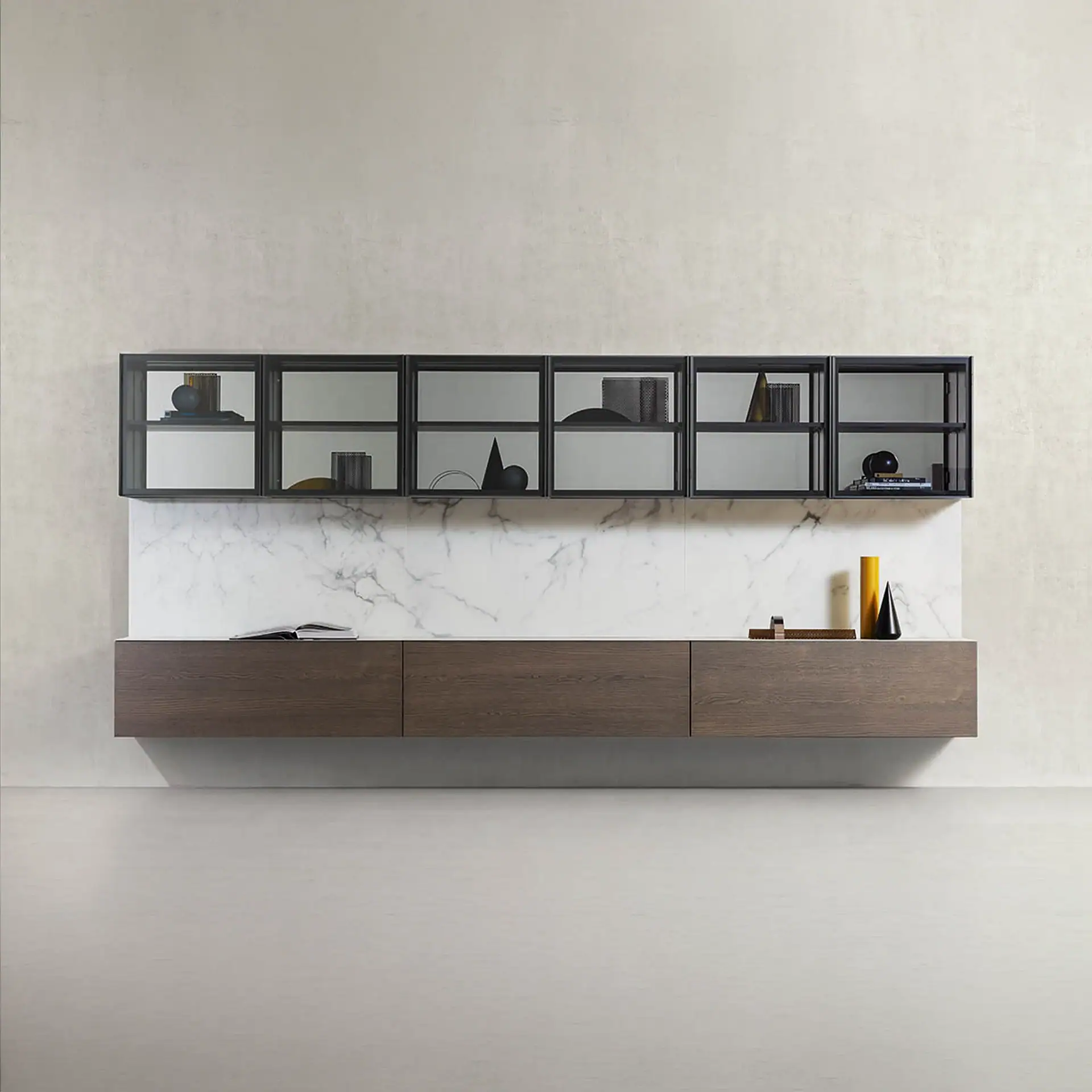 A modern living room wall with a floating dark wood media console and six glass-front wall cabinets above a white marble panel.