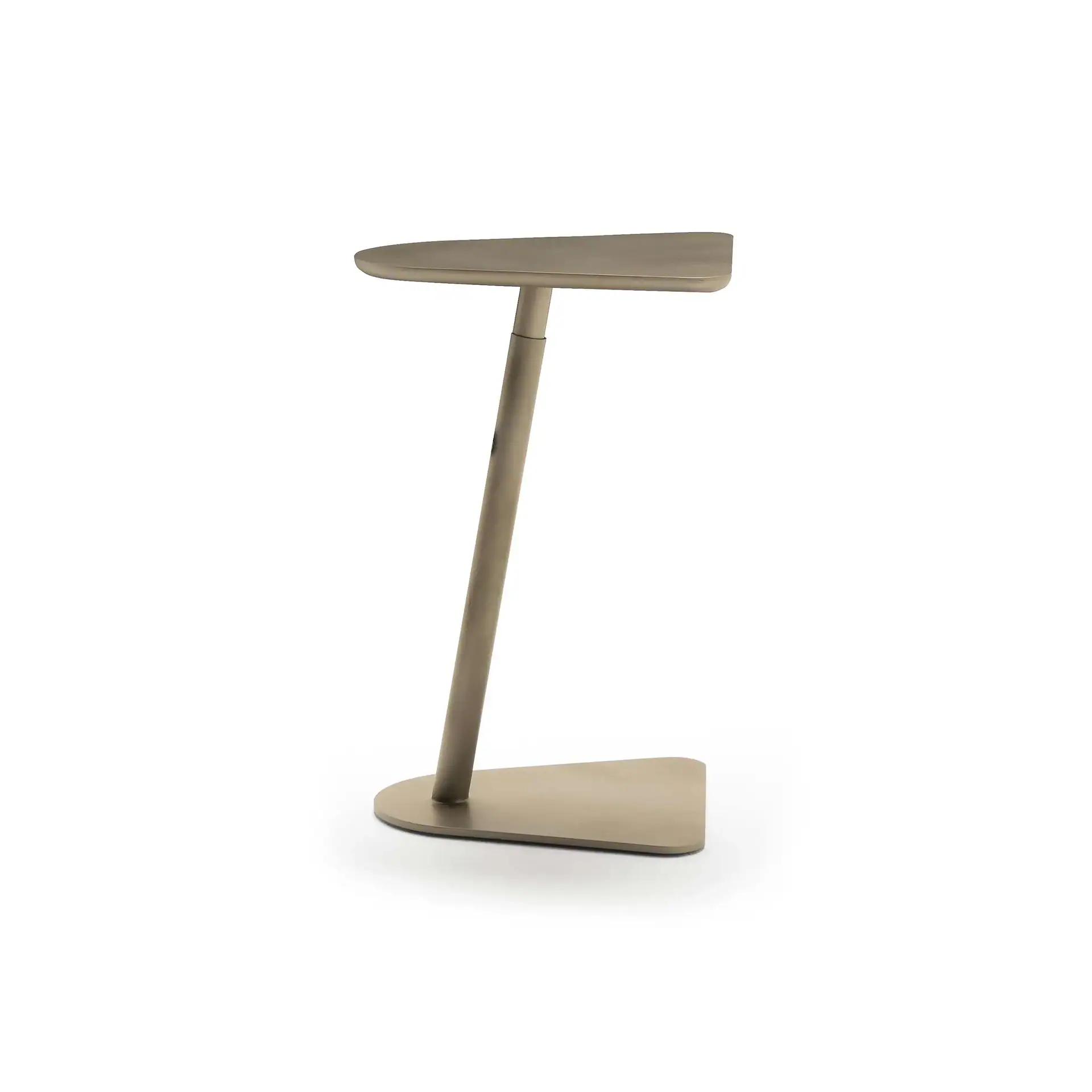 A champagne-colored metallic C-table with a minimalist design, featuring an elongated base, a slender angled support, and a rounded tabletop, all against a white background.