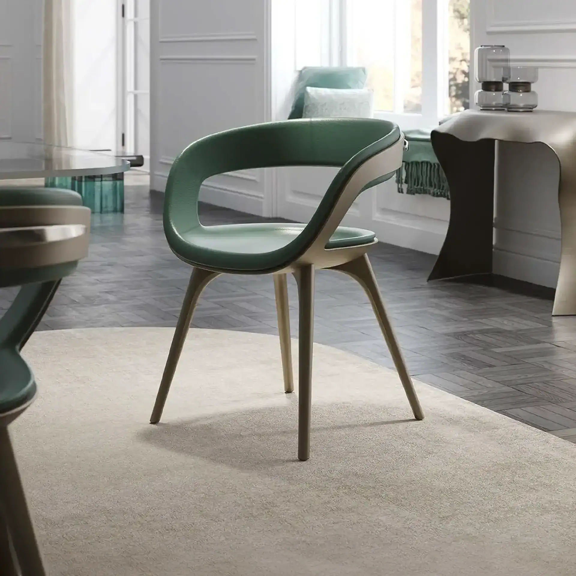 Sklar Furnishings modern green and wood chair in a stylish room.