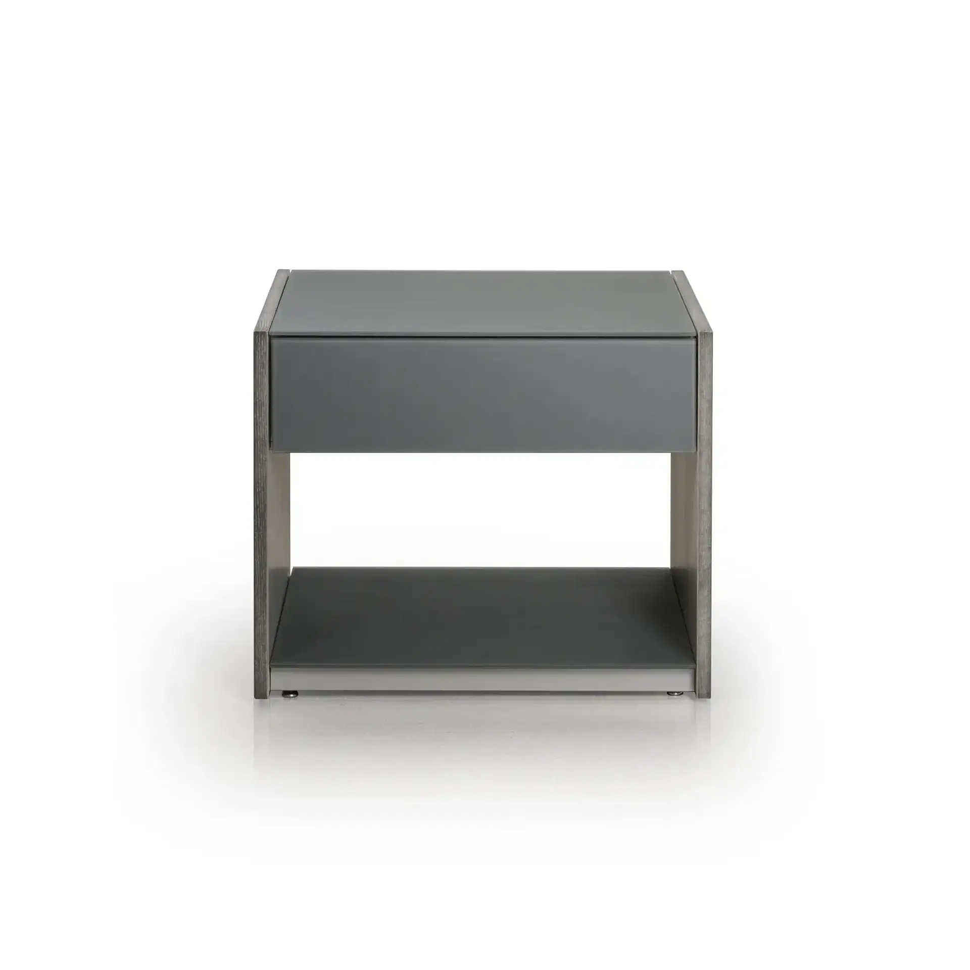 A dark gray modern nightstand with one drawer and an open shelf, set against a white background.