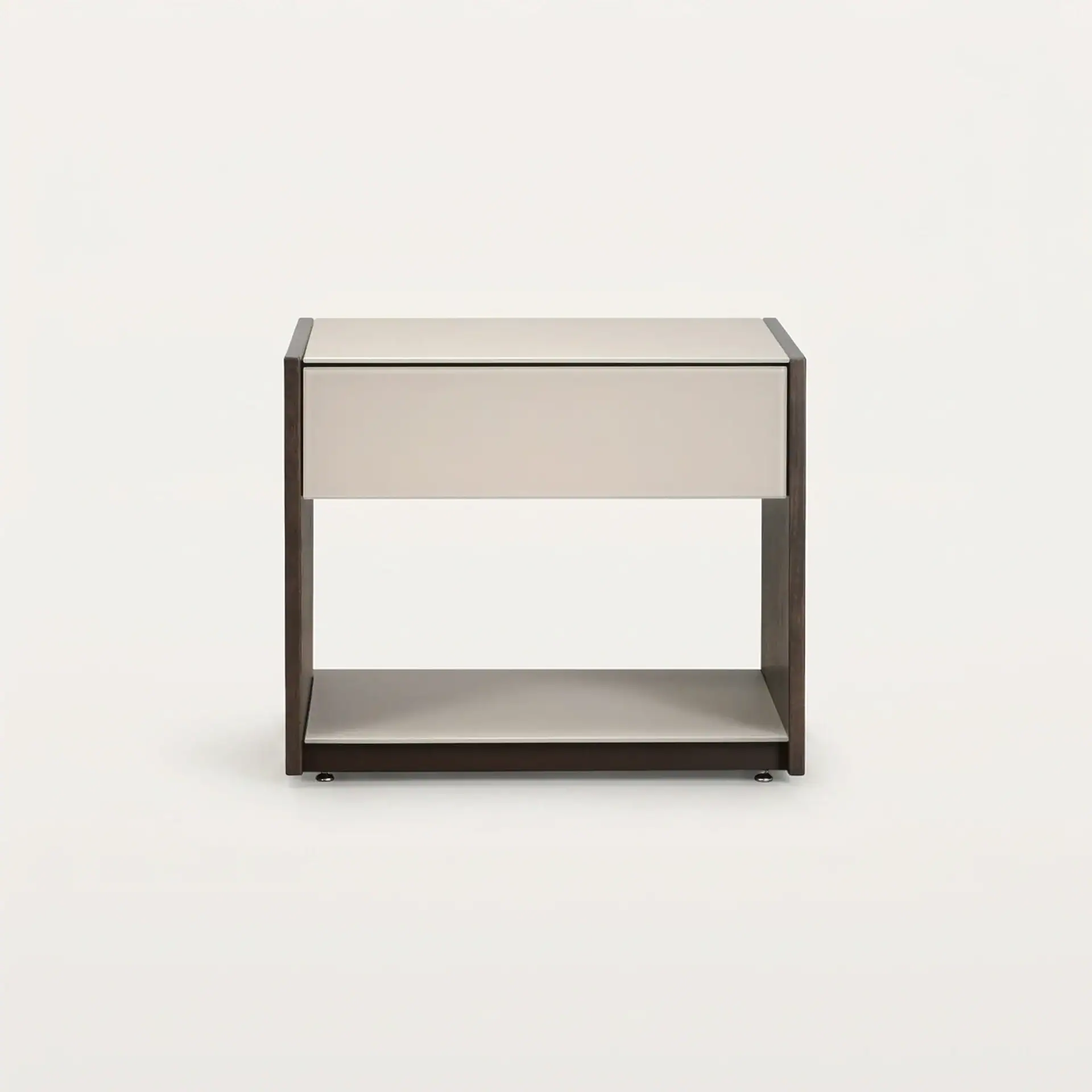 A modern side table with a dark brown frame, a light beige top, a single drawer, and an open bottom shelf, on a white background.
