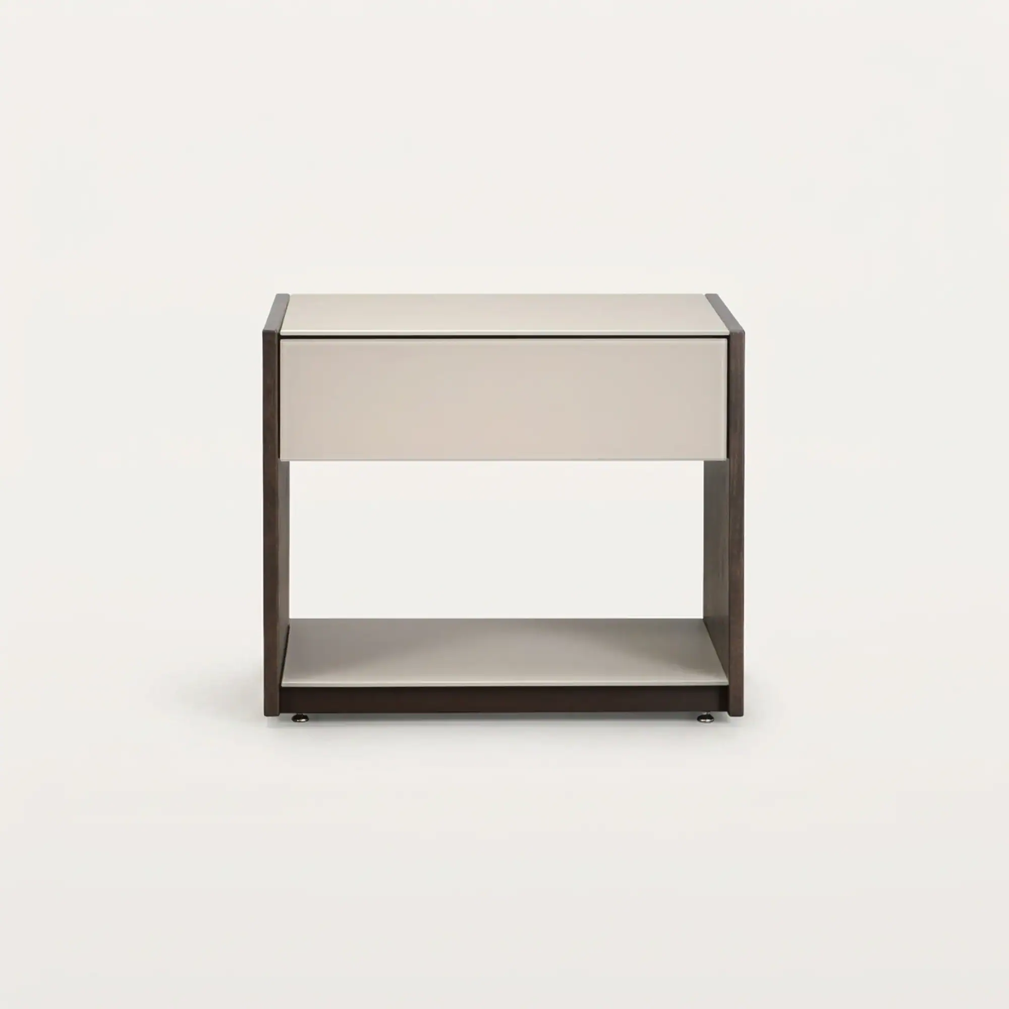 A modern side table with a dark brown frame, a light beige top, a single drawer, and an open bottom shelf, on a white background.