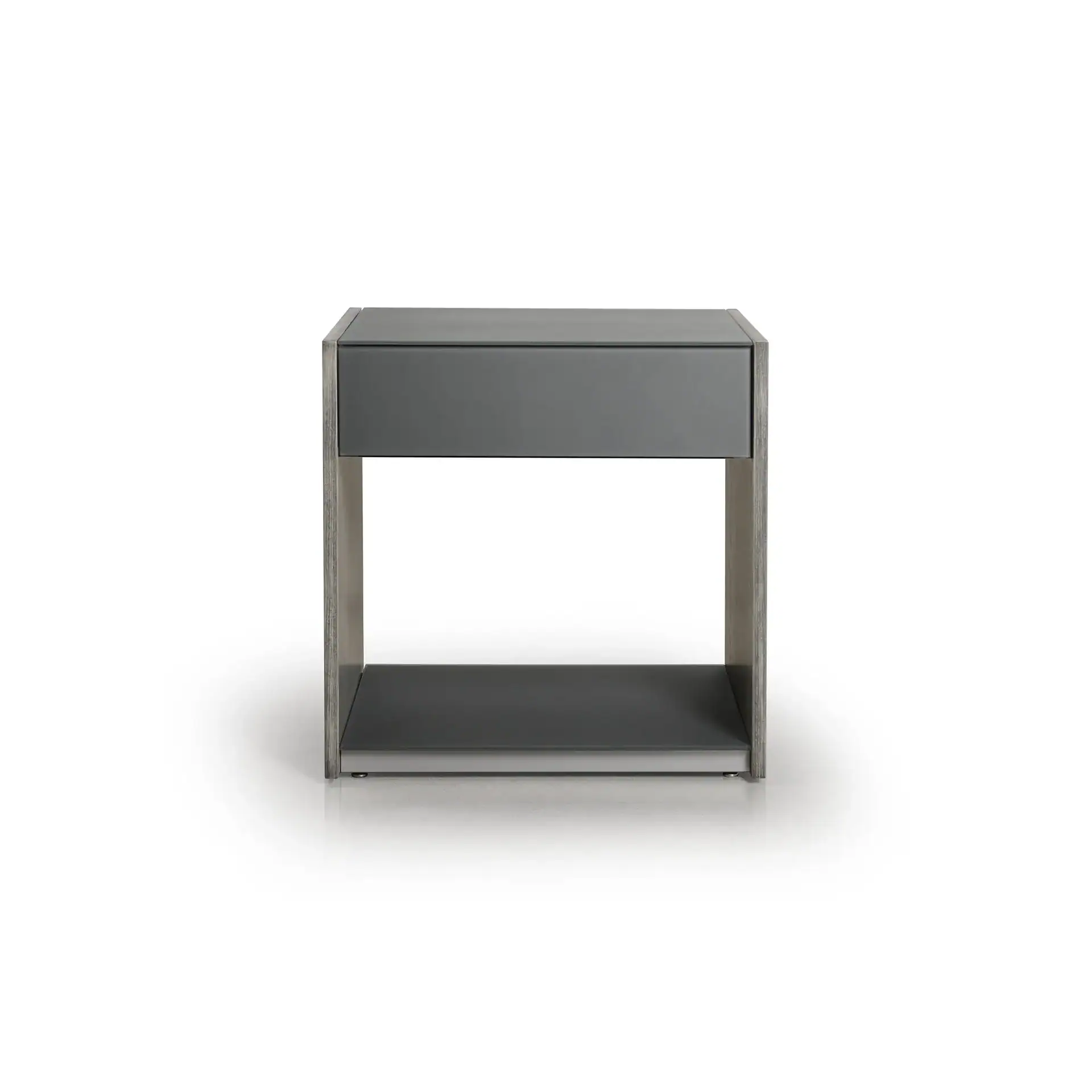 A modern nightstand with light wood grain sides and top, a dark grey drawer, and a dark grey open shelf.