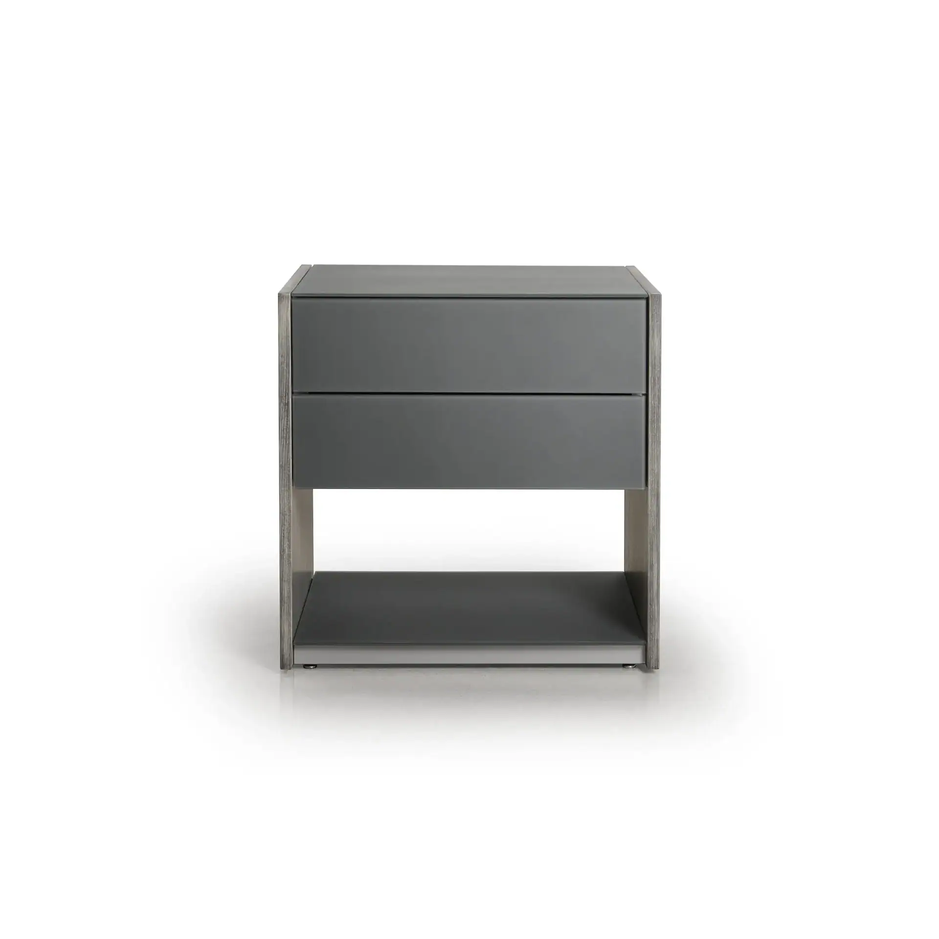 A modern nightstand with a dark gray top, two dark gray drawers, and an open dark gray shelf, framed by light wood-grain side panels, on a white background.
