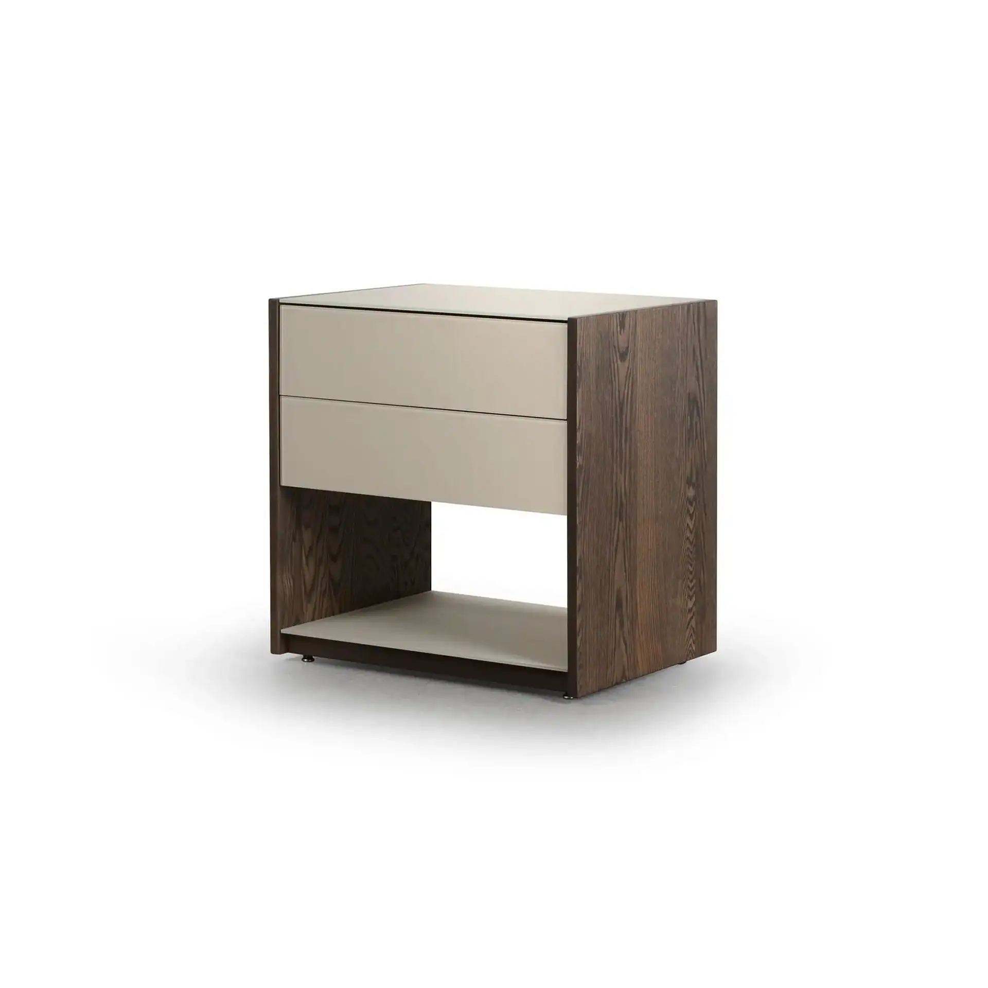 A modern nightstand with dark brown wood sides, two light beige drawers, a clear glass top, and an open light beige shelf.