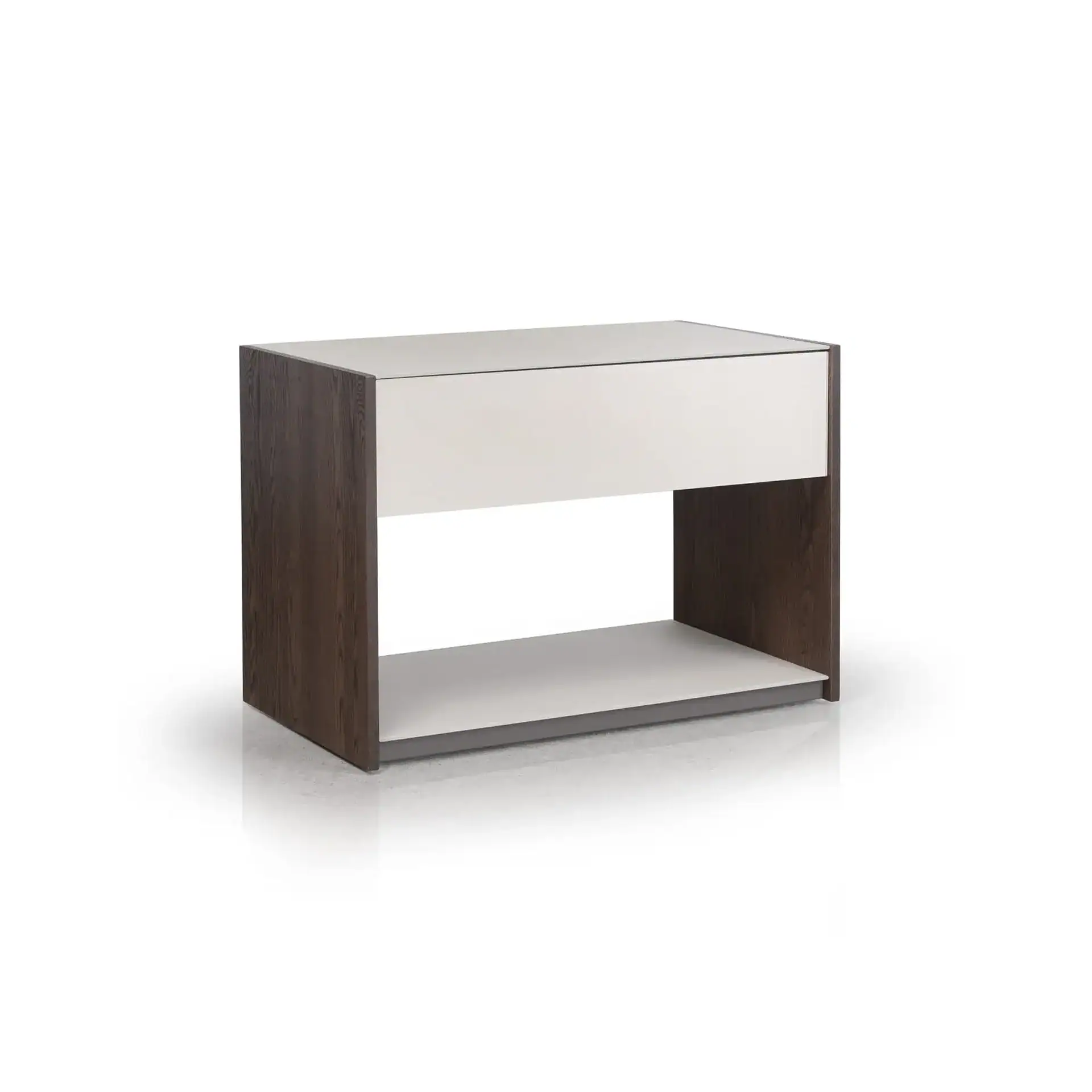 A modern, rectangular two-tone side table with dark wood sides and light gray top, front panel, and bottom shelf, on a white background.