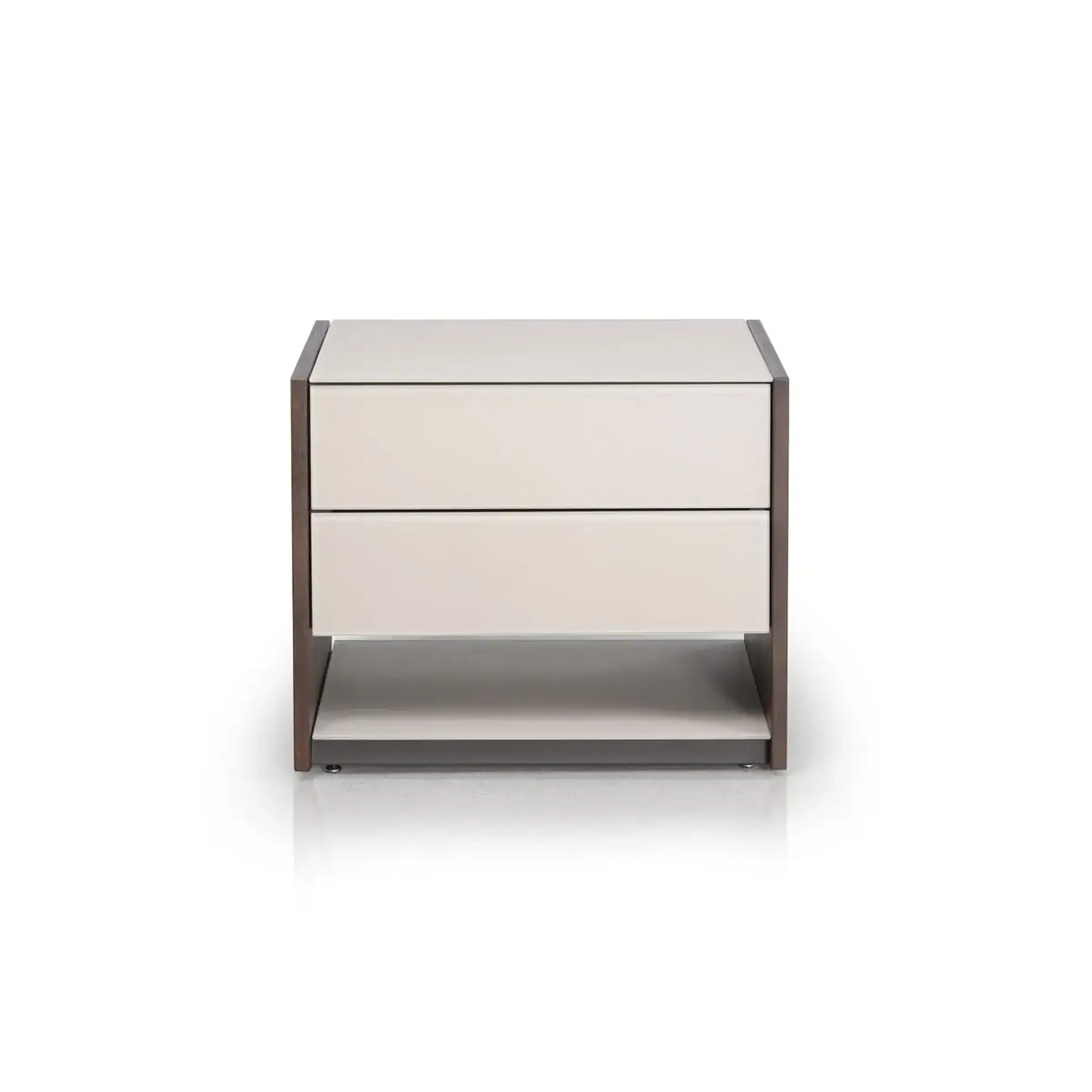 A modern nightstand with a dark brown frame, two light beige drawers, and a light gray open shelf, on a white background.