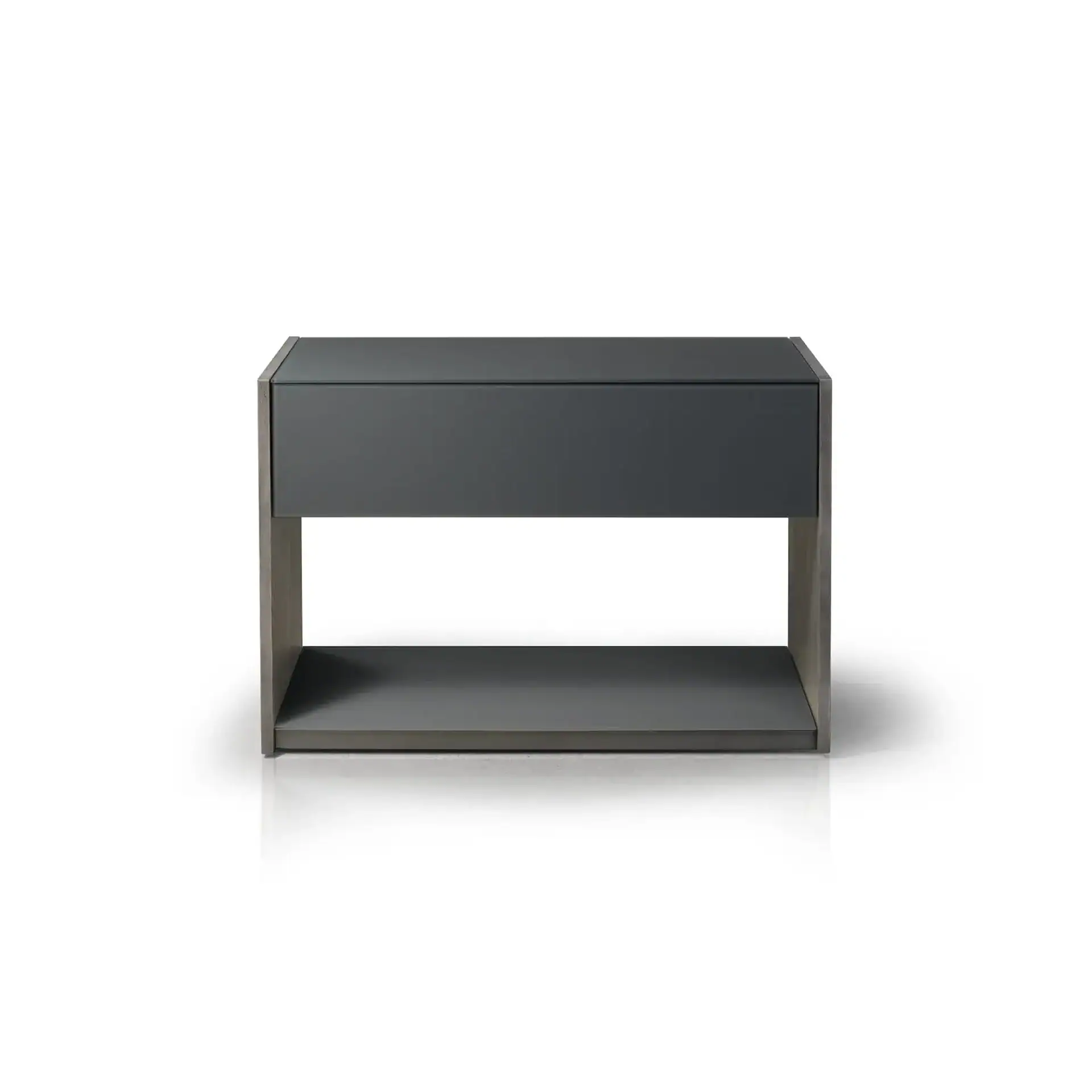 A modern dark gray nightstand with a single drawer and an open shelf, featuring light wood-toned sides, on a white background.