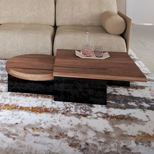 Sklar Furnishings modern coffee table with wood and black base in living room.
