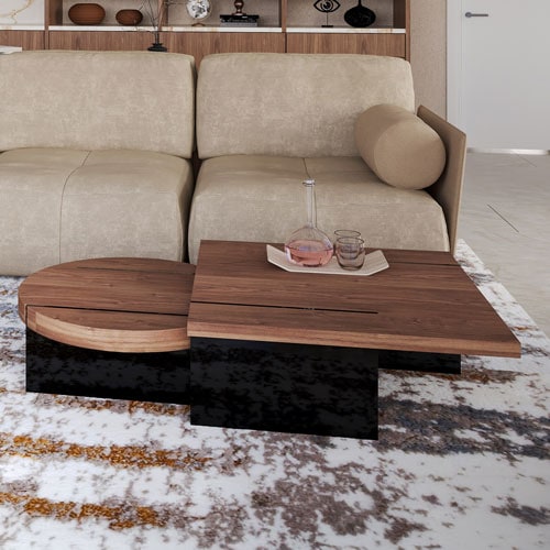 Sklar Furnishings modern coffee table with wood and black base in living room.