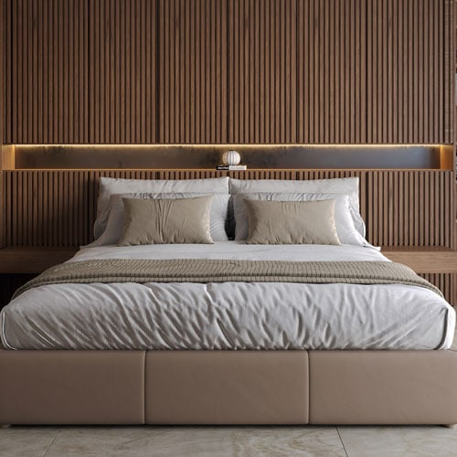Modern bed with wooden headboard and neutral bedding in a contemporary bedroom.