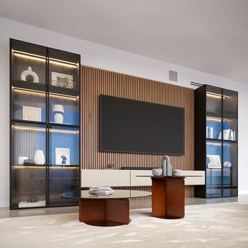 Modern display cabinet with decorative items and books in a contemporary living room.