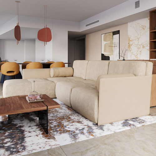 Sklar Furnishings beige sectional sofa in contemporary living room.