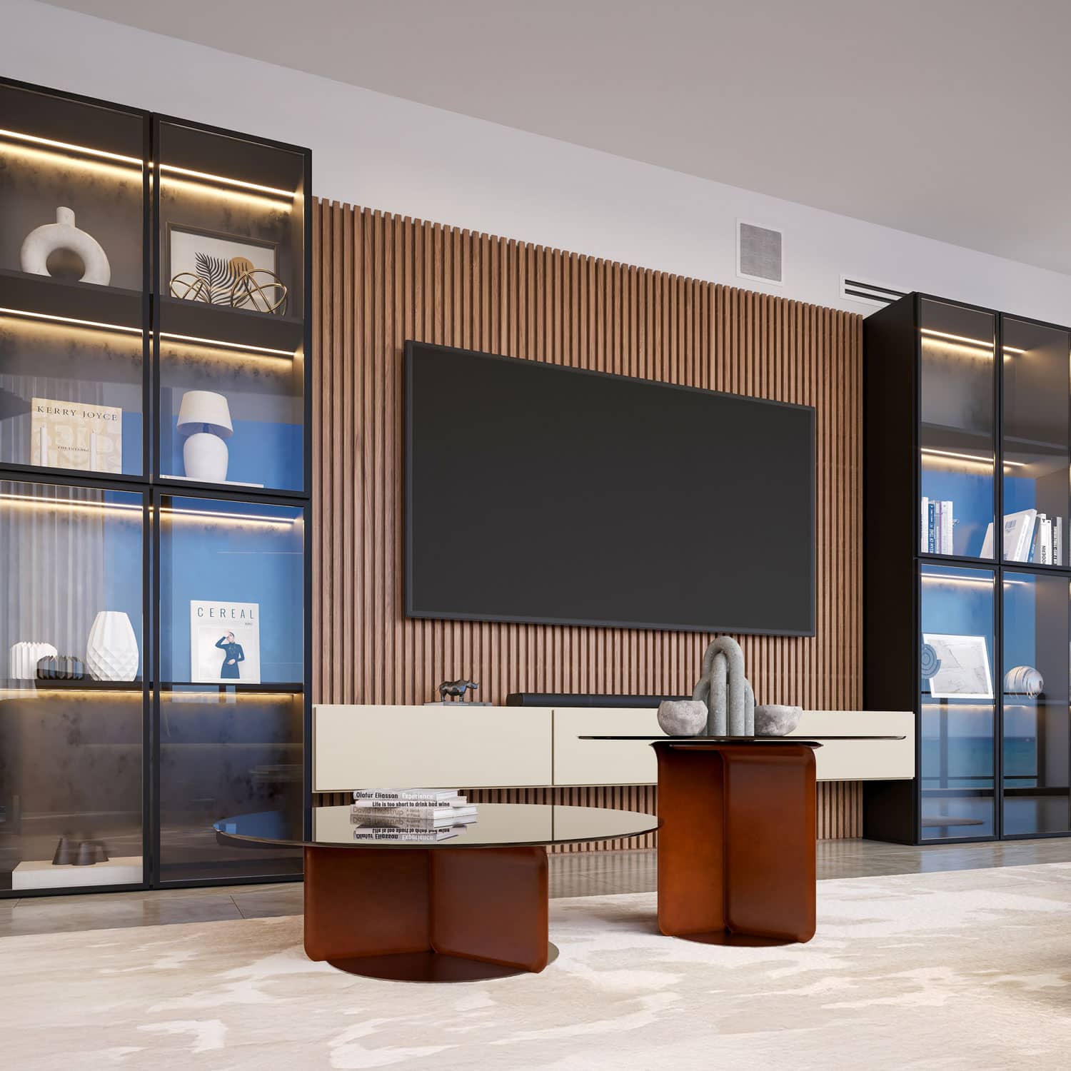 Modern Living Room Wall Unit Modern living room with wall unit, TV, and decorative items.