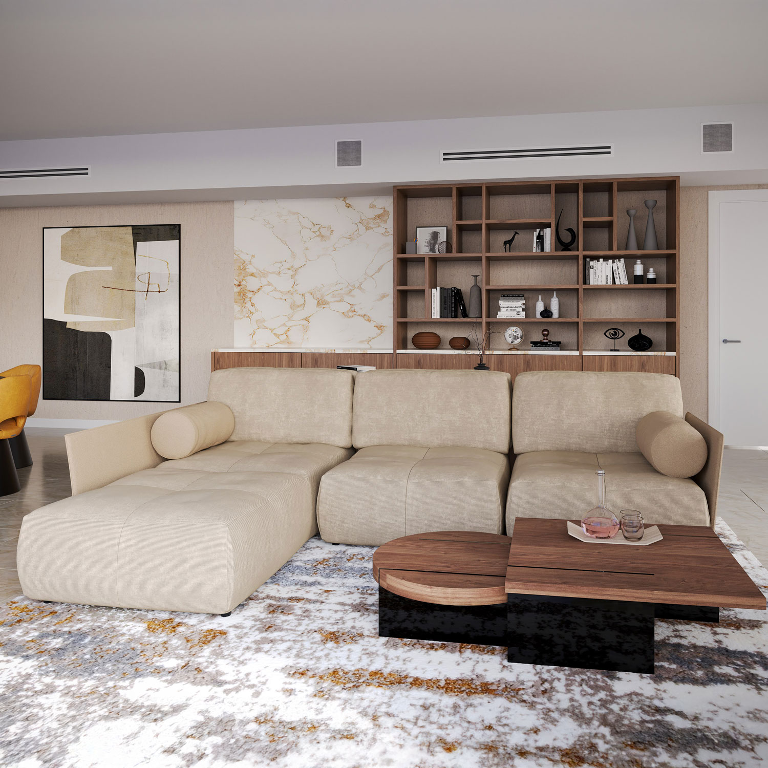 Modern Living Room Sofa Setup Beige sectional sofa with pillows in a contemporary living room.