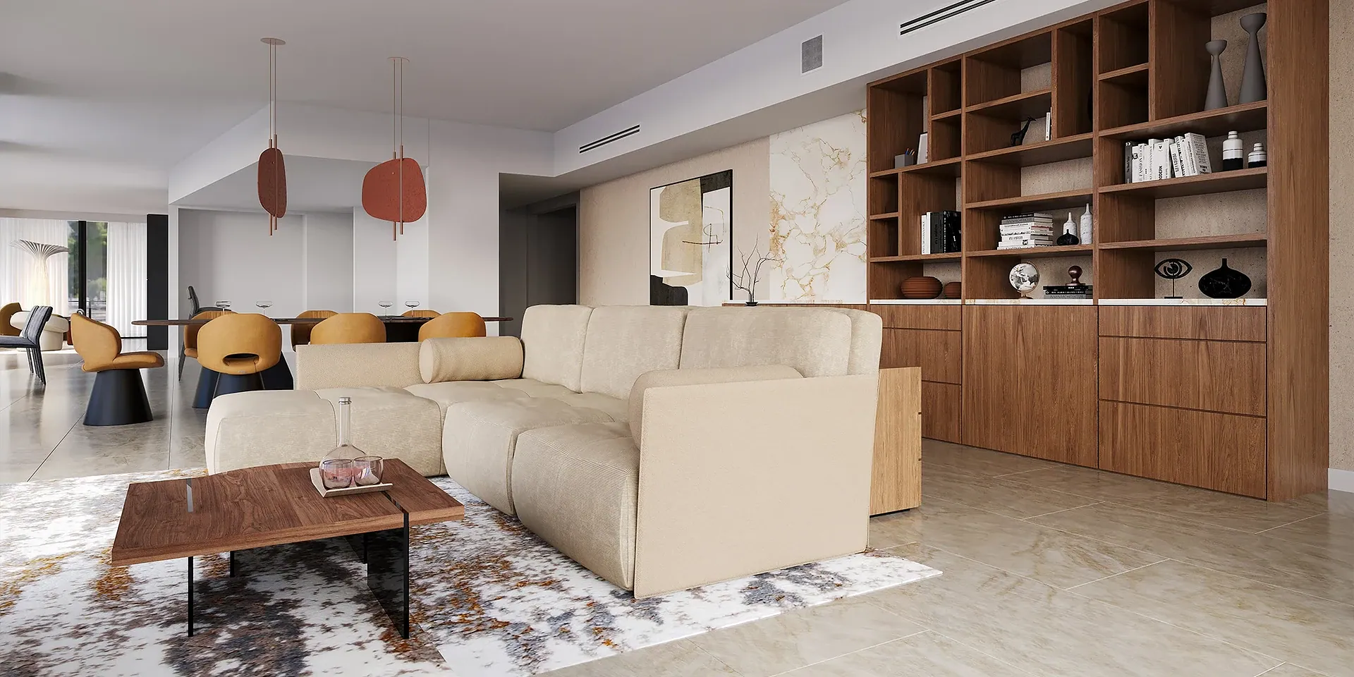 Spacious modern living room with beige sofa and wooden shelving unit.