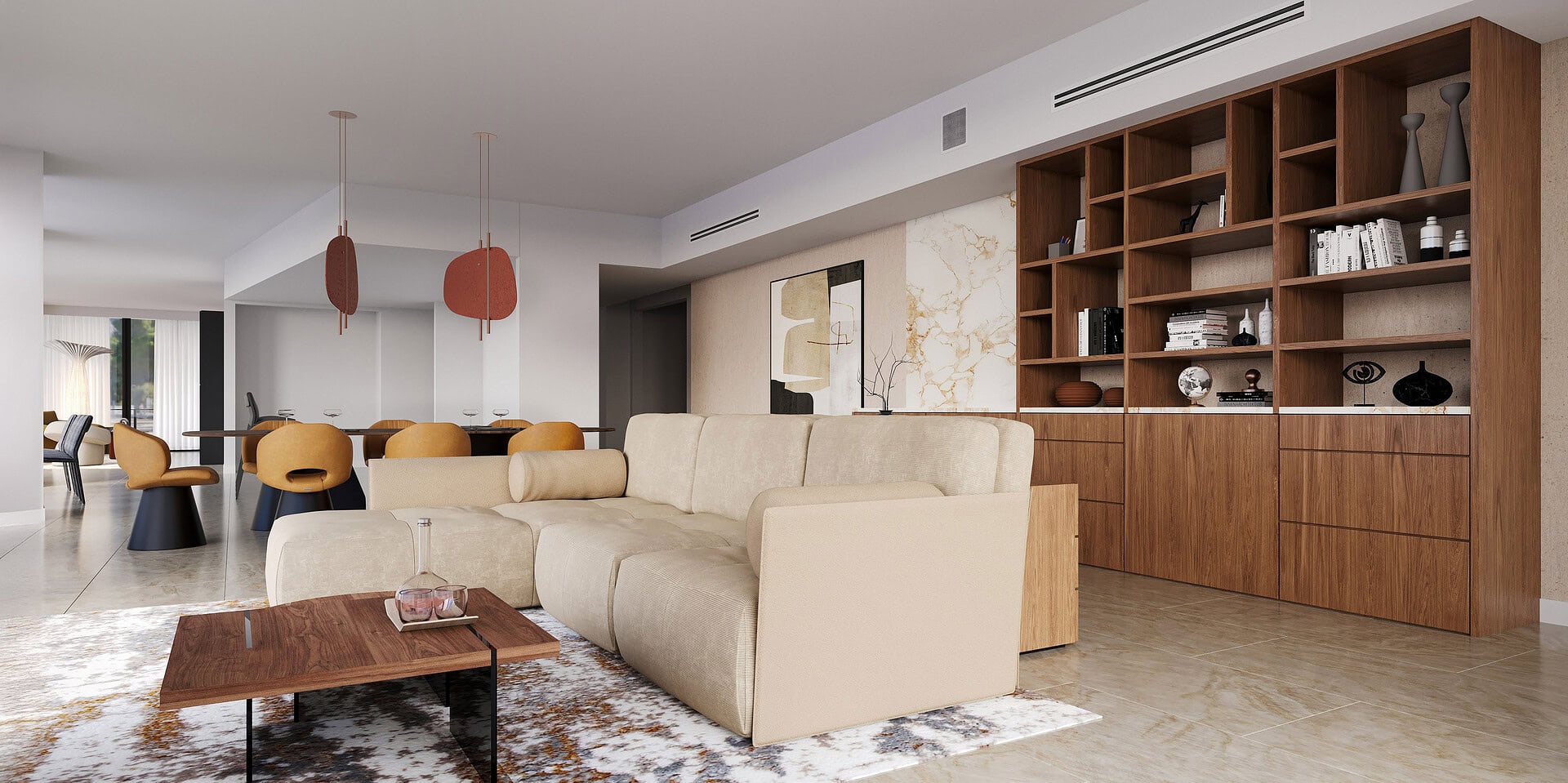 Spacious modern living room with beige sofa and wooden shelving unit.