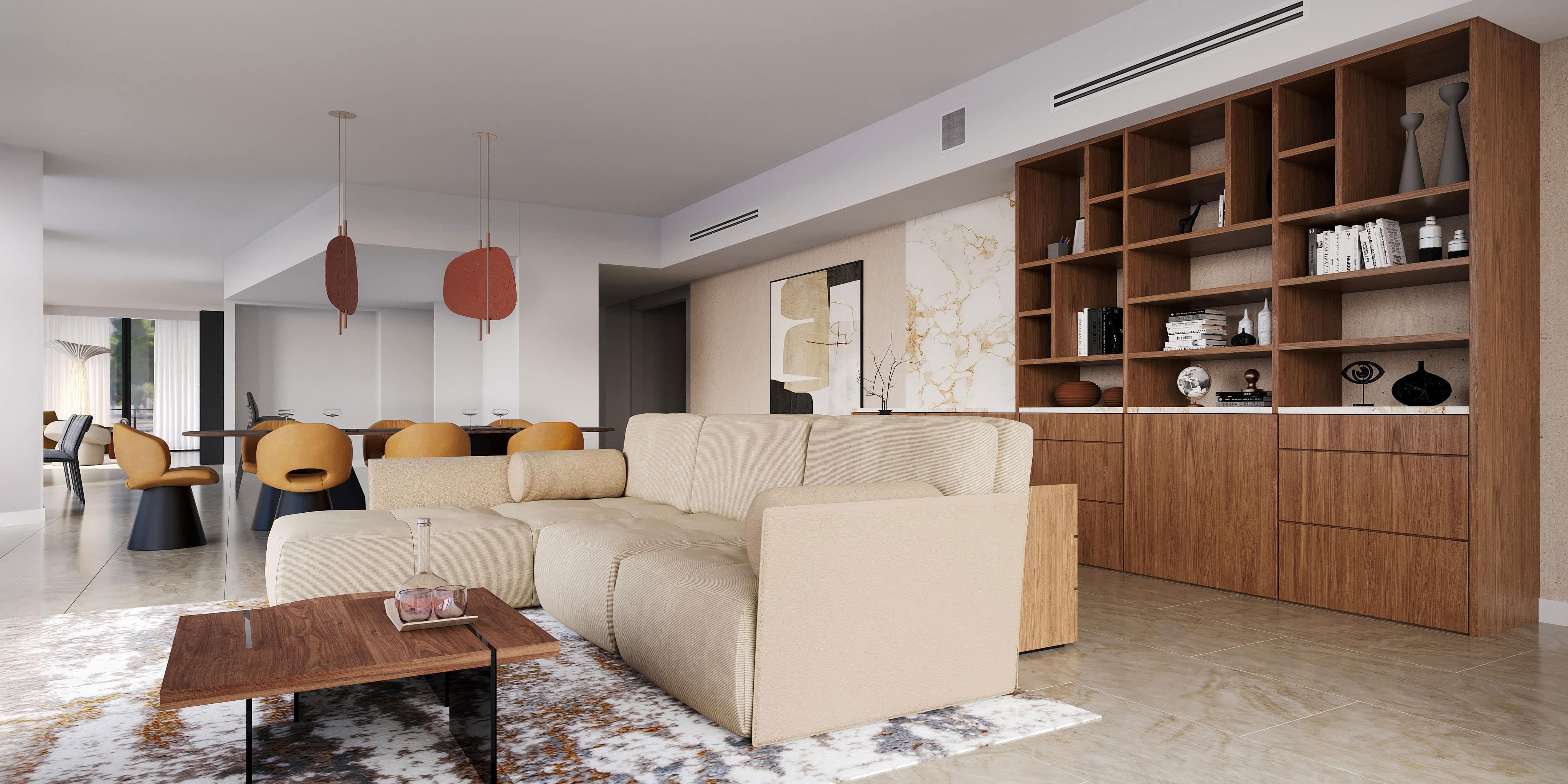 Modern Living Room with Wooden Shelving Spacious modern living room with beige sofa and wooden shelving unit.