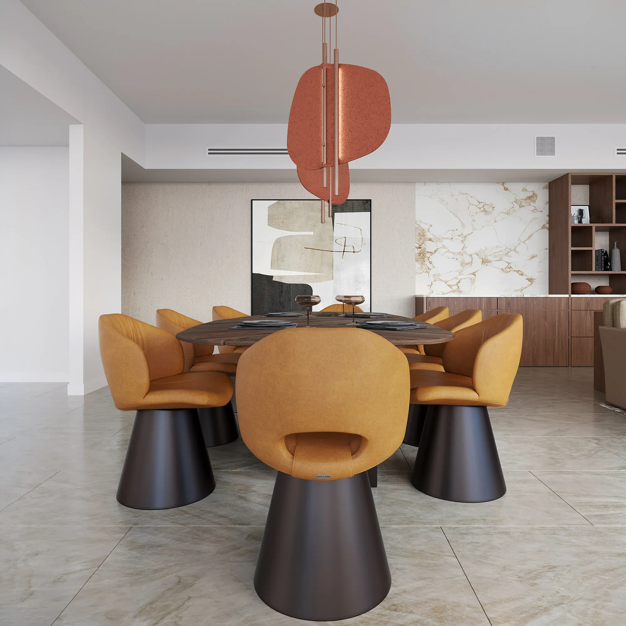 Contemporary dining room with mustard chairs and black pedestal table.