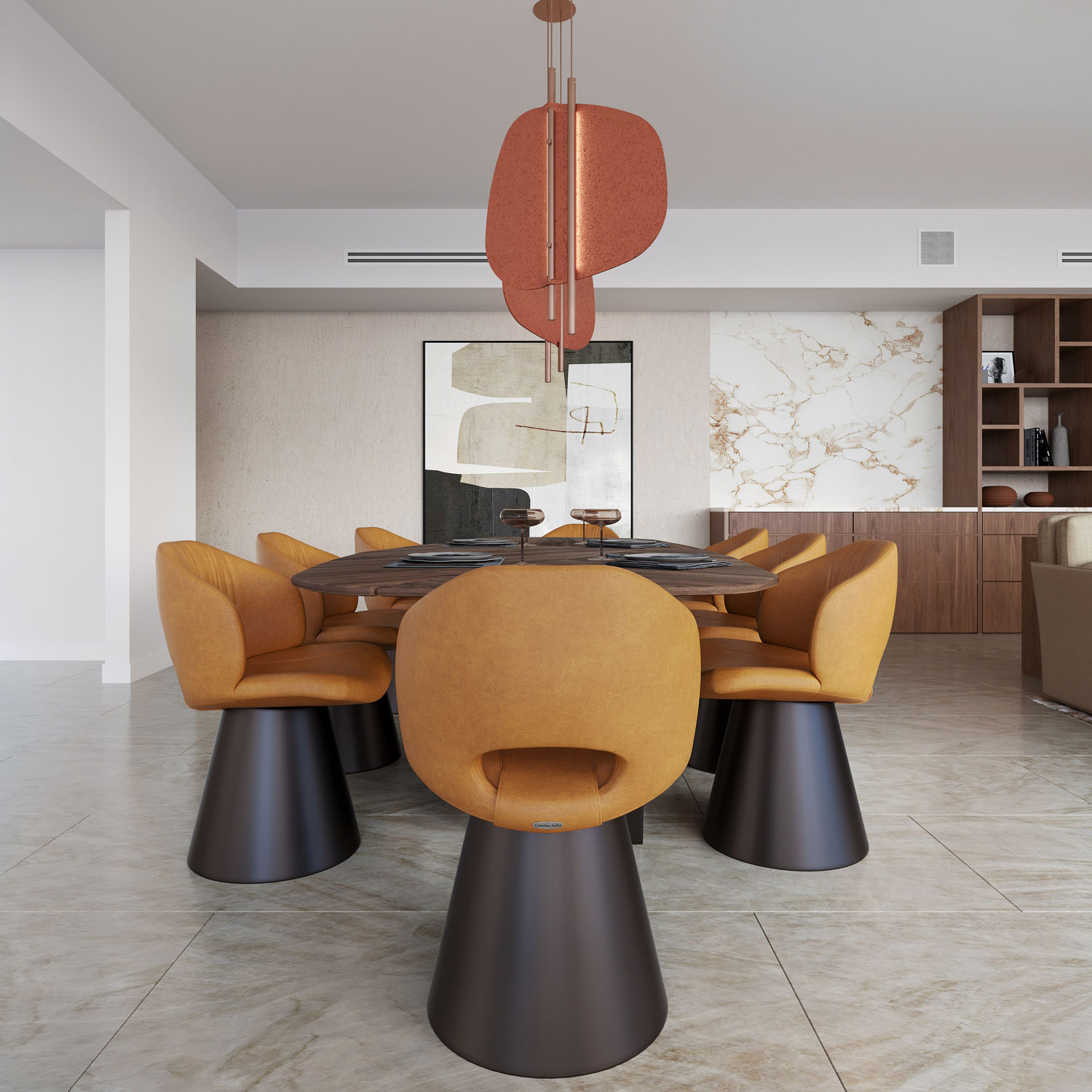 Modern Dining Room with Unique Lighting Contemporary dining room with mustard chairs and black pedestal table.