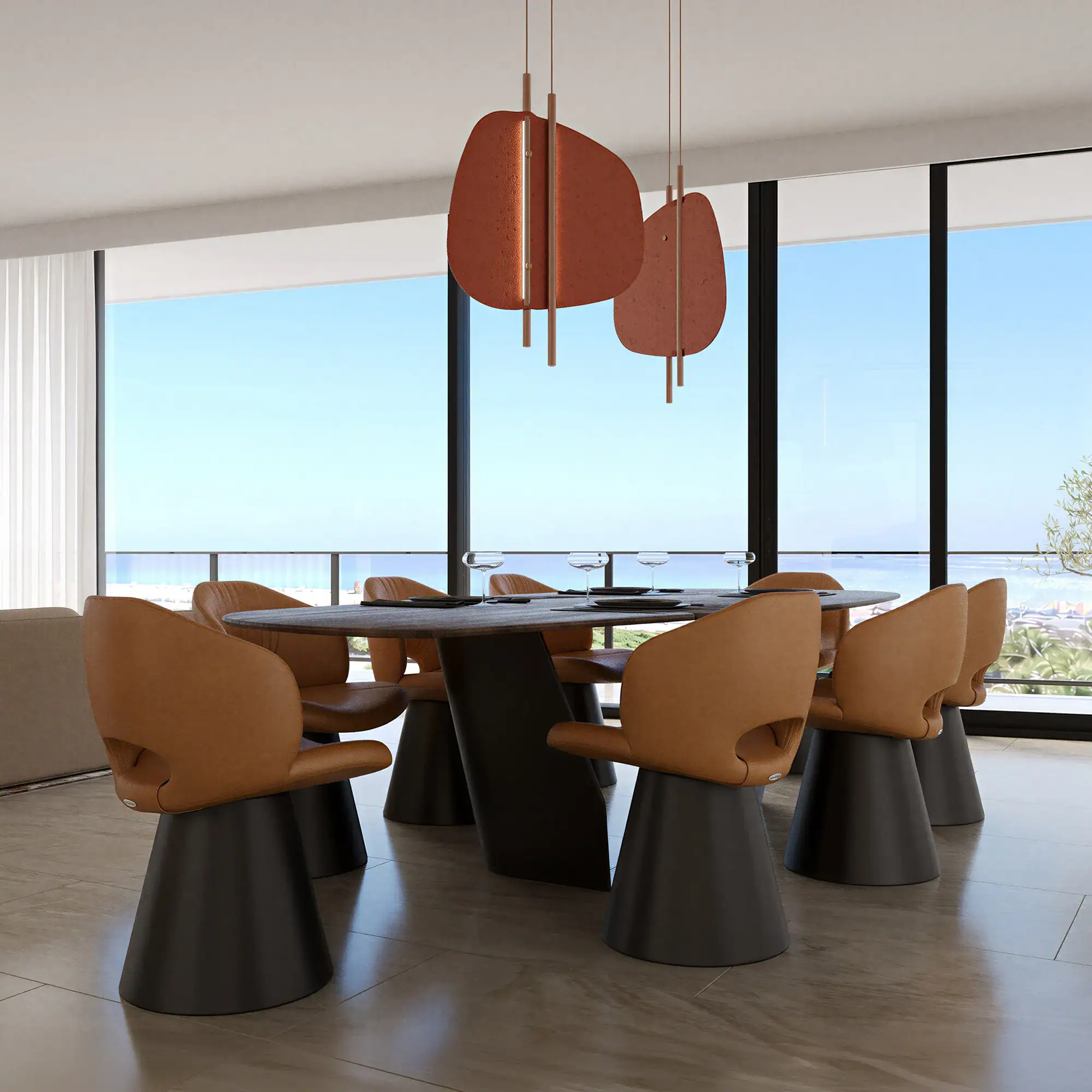 Contemporary dining room with large windows overlooking water.