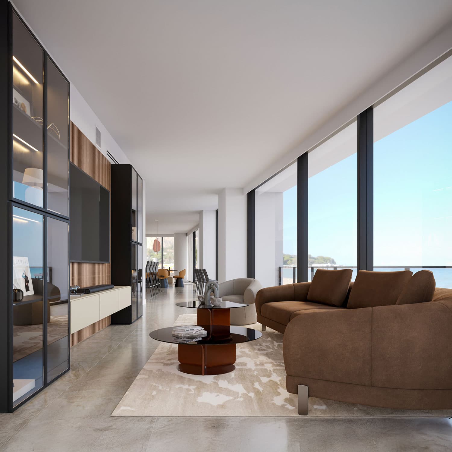Modern Living Room with Floor-to-Ceiling Windows Spacious modern living room with large windows and contemporary furniture.