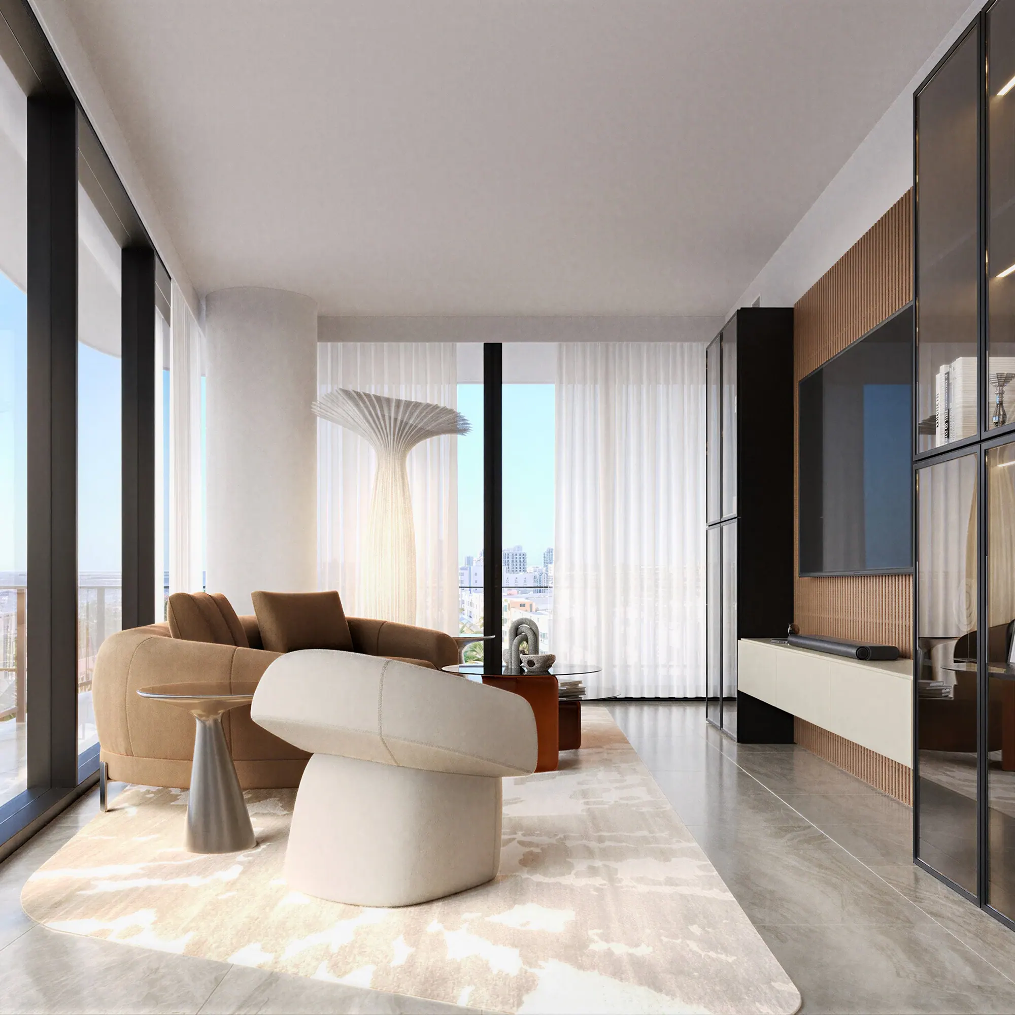 Modern living room with large windows, beige sofa, and contemporary decor.
