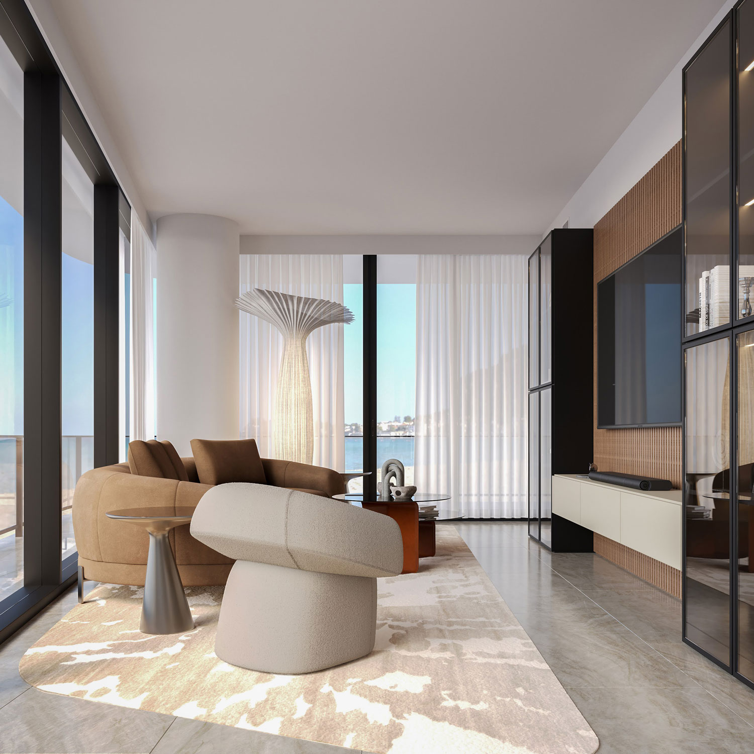 Modern Living Room with Floor-to-Cceiling Windows Modern living room with large windows, beige sofa, and contemporary decor.