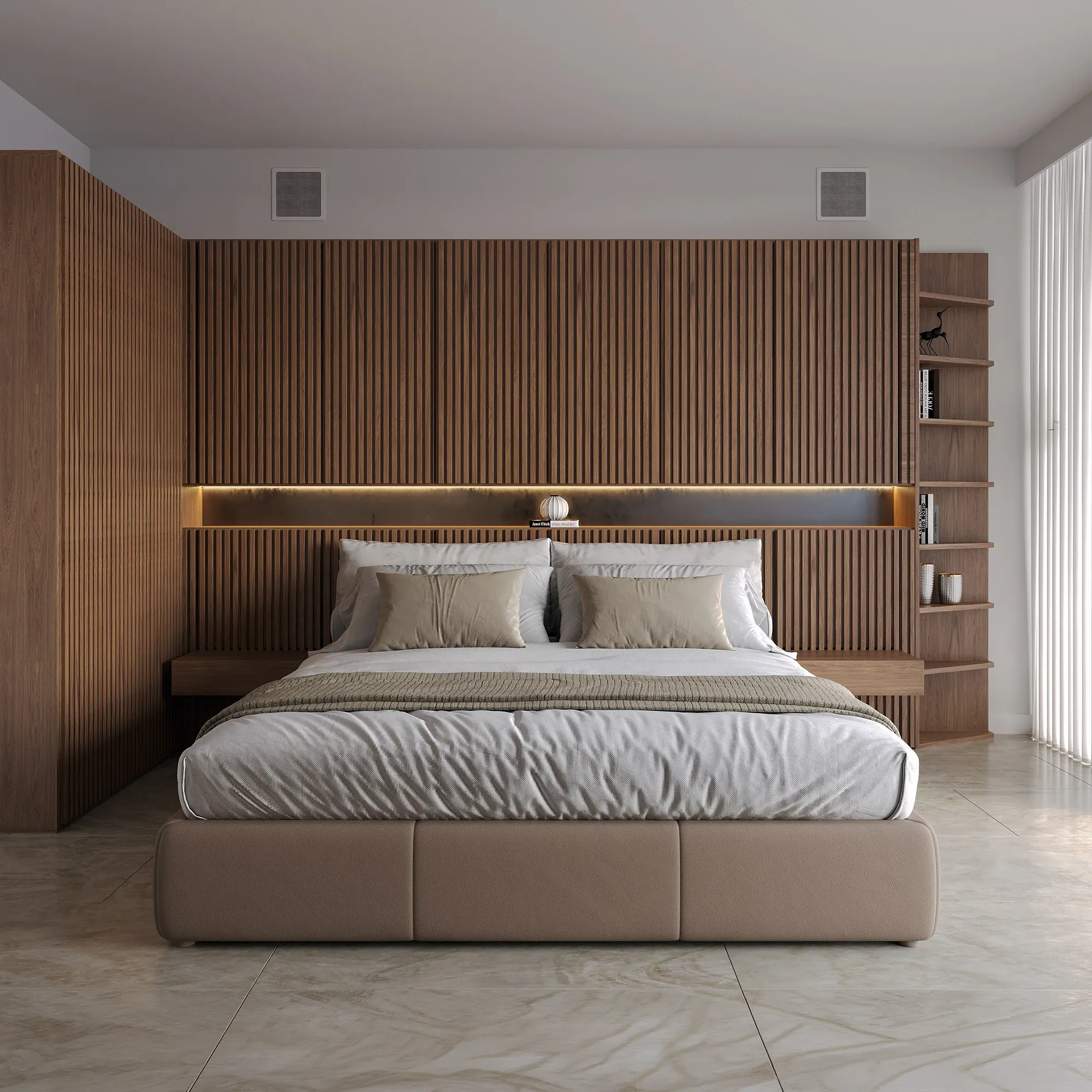 Modern bedroom with wooden wall panels and built-in shelving.