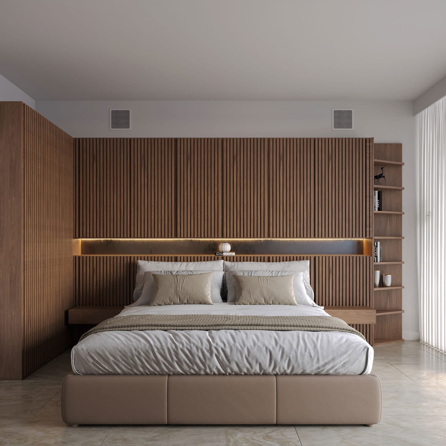 Modern Bedroom Wall Paneling Modern bedroom with wooden wall panels and built-in shelving.