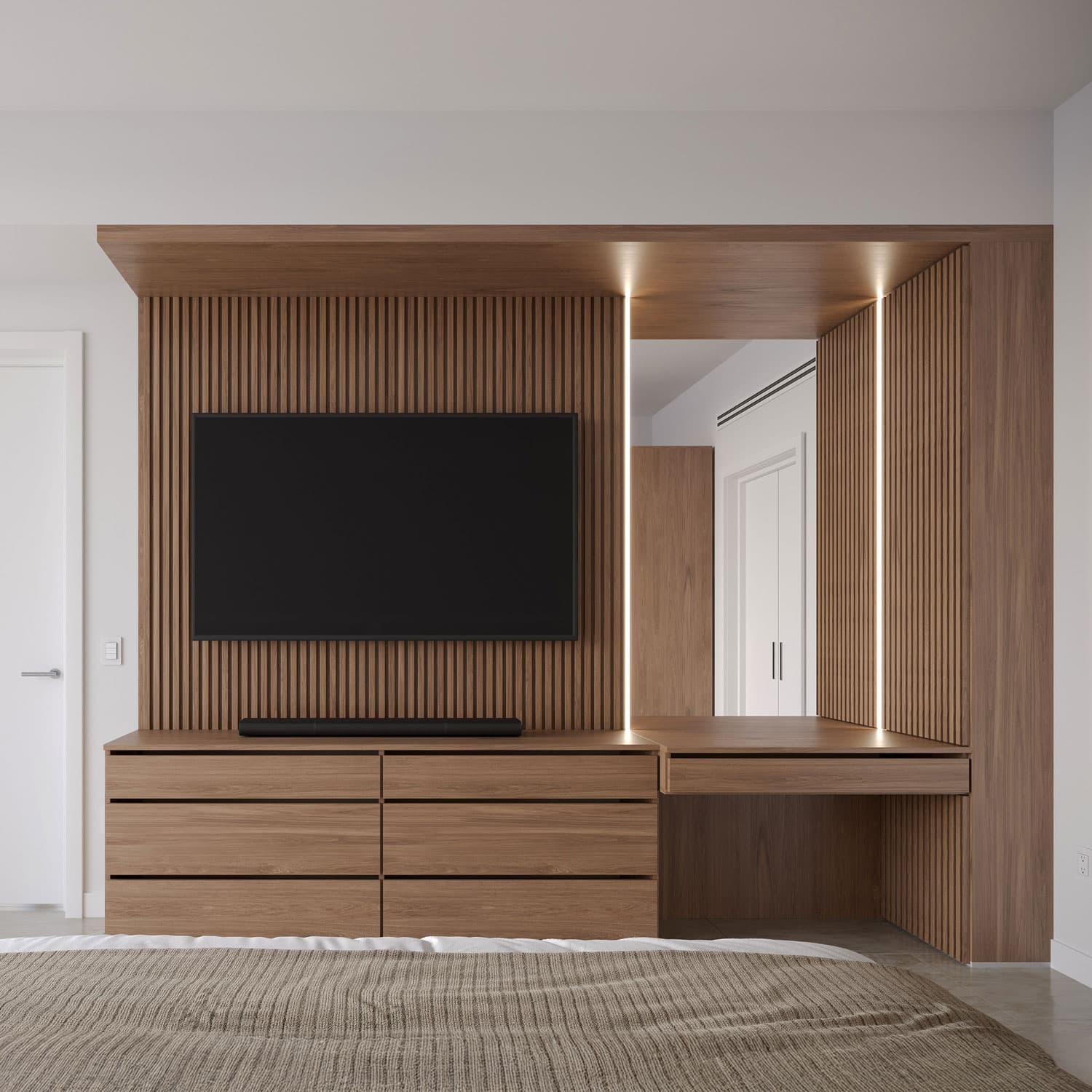 Modern Wood Entertainment Center Modern wood entertainment center with TV and built-in lighting.