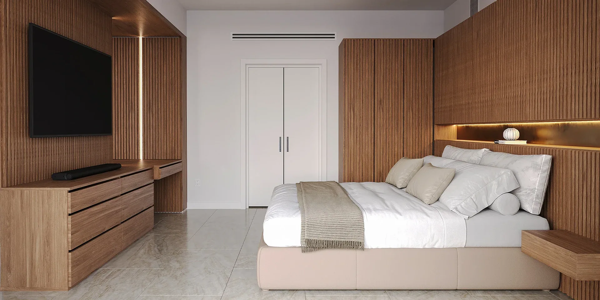 Modern bedroom with wooden wall panels and a large bed with white bedding.